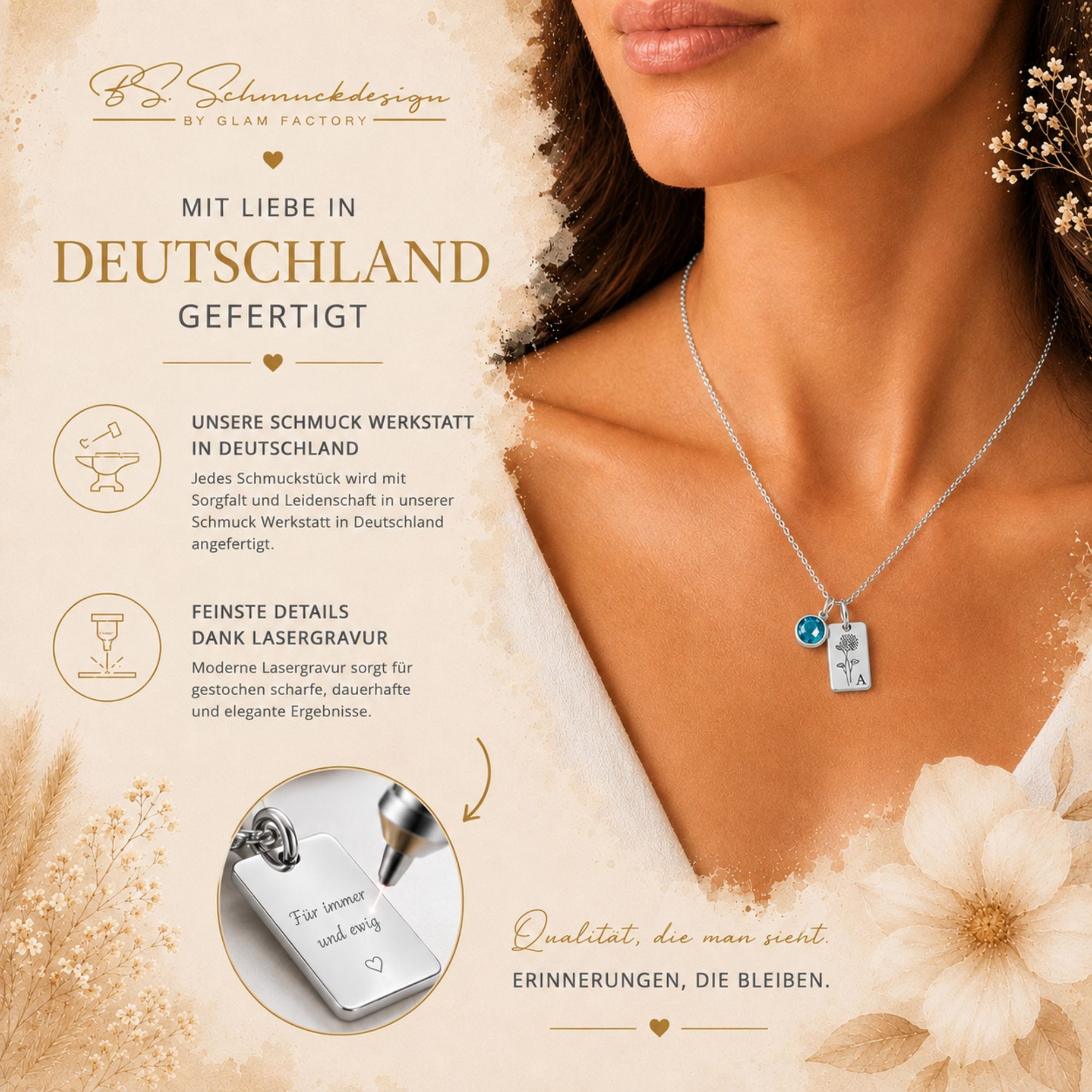 BS Schmuckdesign Kette mit Anhänger mit Gravur Personalisierte Halskette Damen mit Gravur Monatsblume Initiale (inkl. Geburtsstein), inkl. Geschenkbox