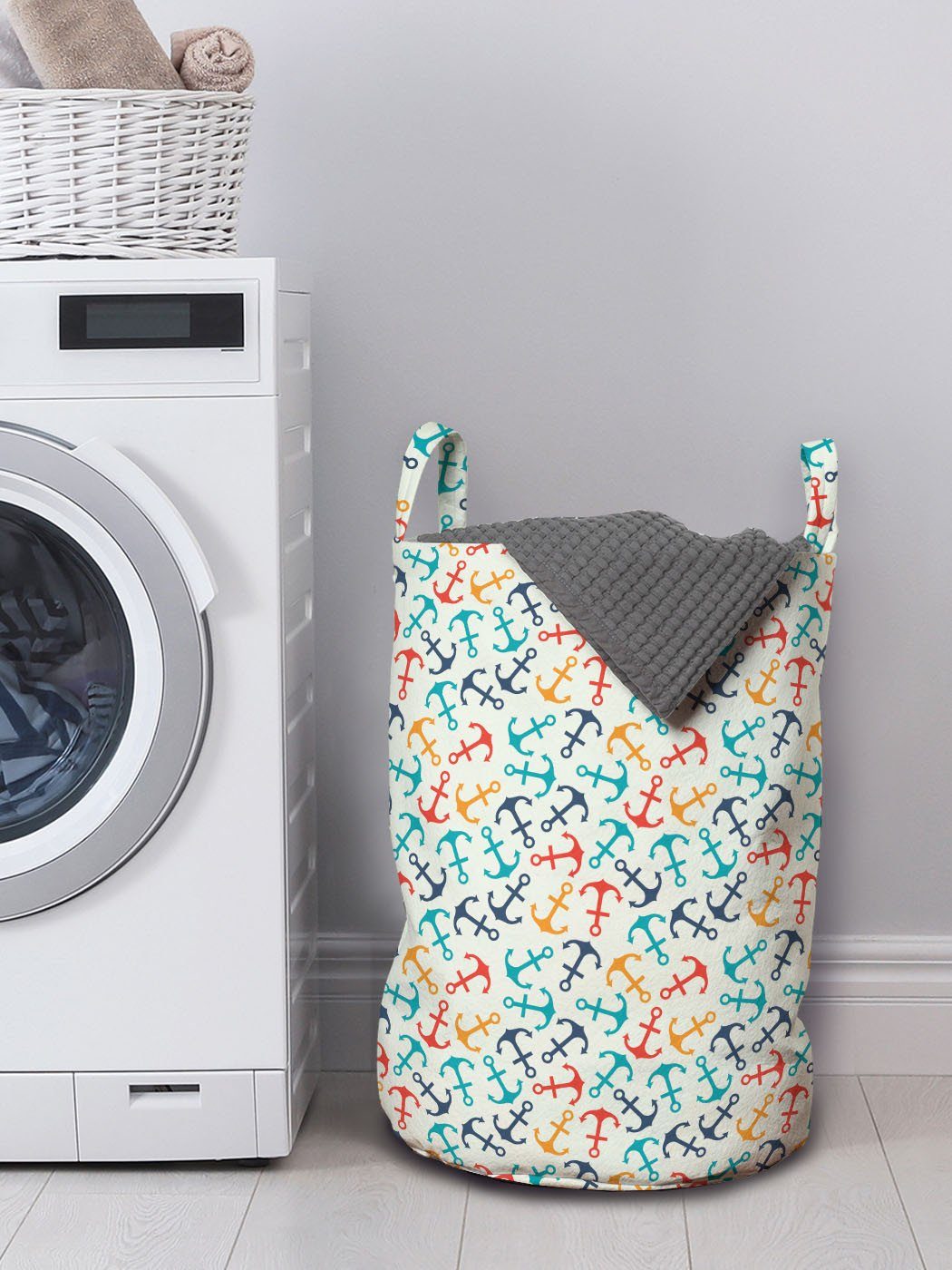 Abakuhaus Wäschesäckchen Wäschekorb für Kordelzugverschluss Anker-Form mit Waschsalons, Bunt Linien Griffen in