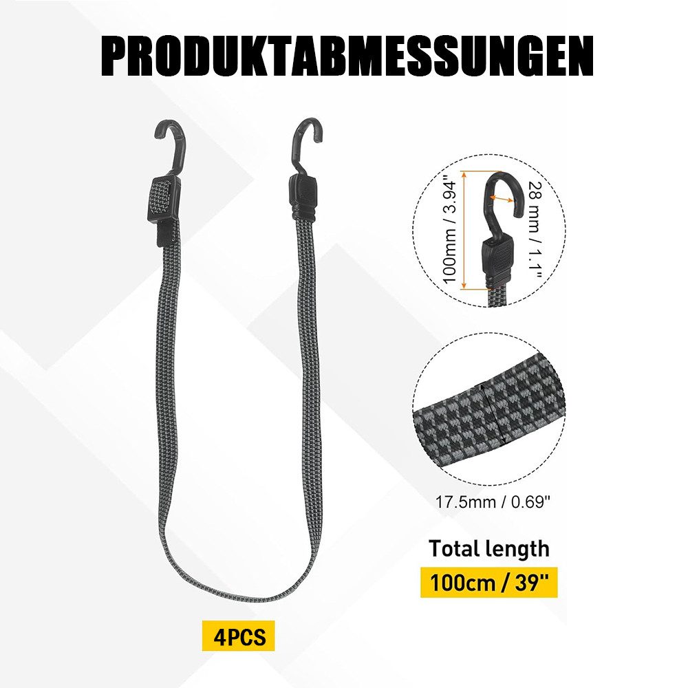 TUWENA Spanngurt 4 Stück Verstellbar Spanngummi mit Haken, 100cm Extra Stark Expander (4-St) Für Sackkarre, Gepäckträger, Fahrrad, Motorrad, Auto, Garten, Camping