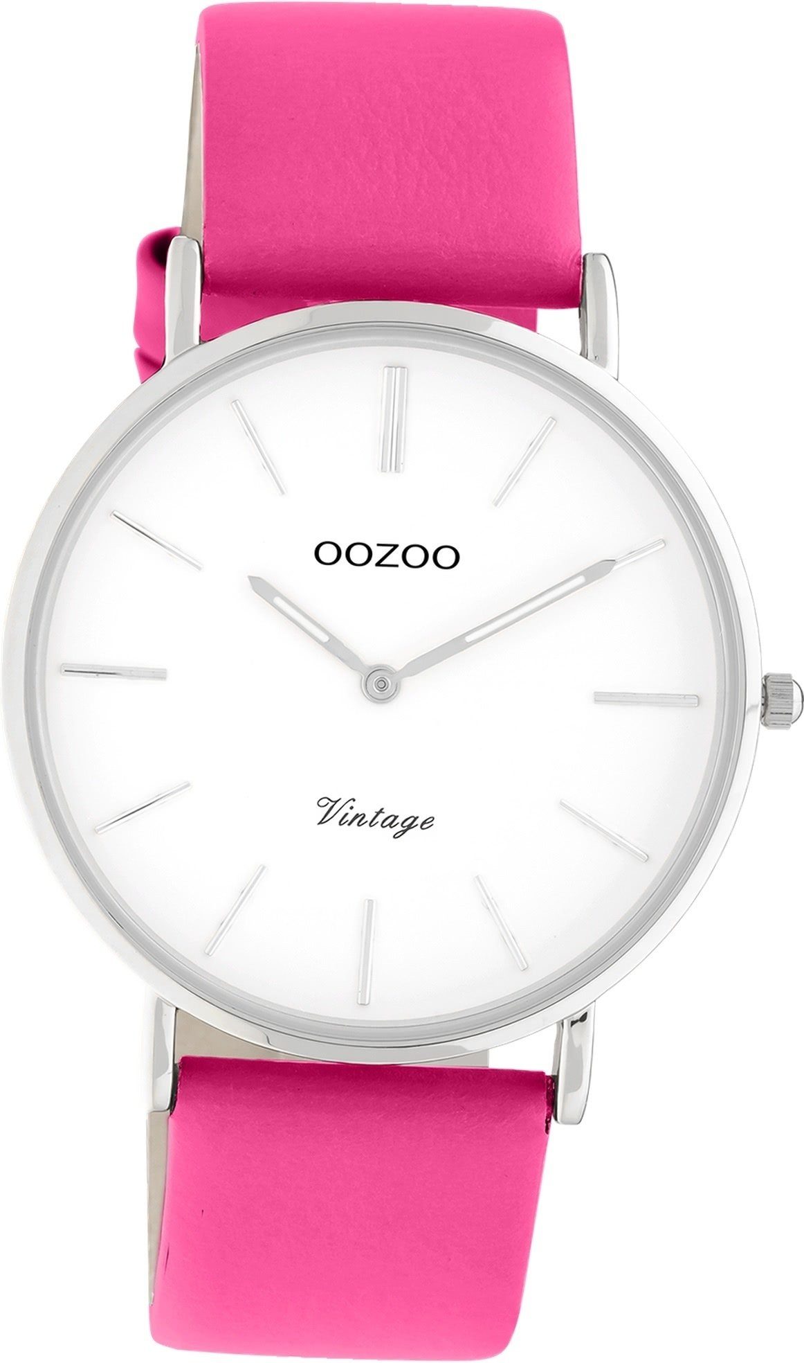 OOZOO Quarzuhr Oozoo Damen Armbanduhr Vintage Series, Damenuhr Lederarmband pink, rundes Gehäuse, groß (ca. 40mm) | Quarzuhren