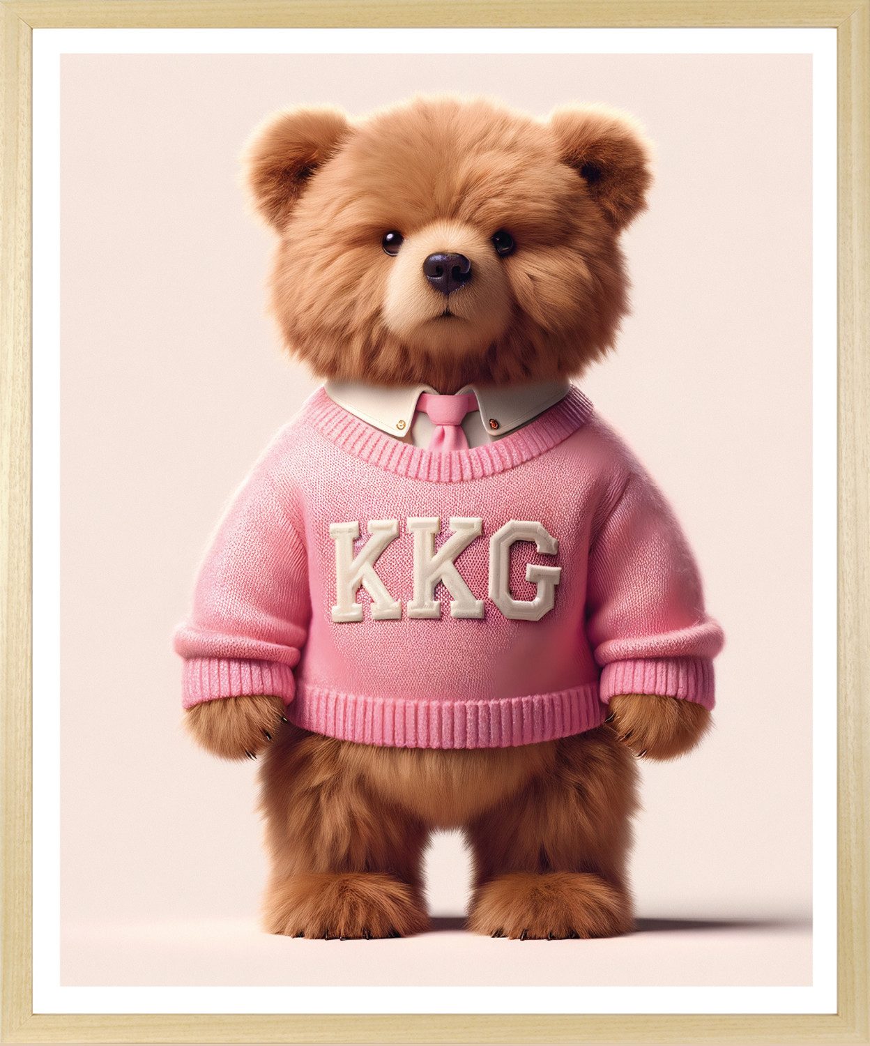 queence Bild mit Rahmen Vintage Teddy Bär Mädchen mit Krawatte in rosa, Bär, Bären, Fashion, Figuren, Mode, Modebilder, HD Premium Poster-Druck inkl. Echtholzrahmen in beige
