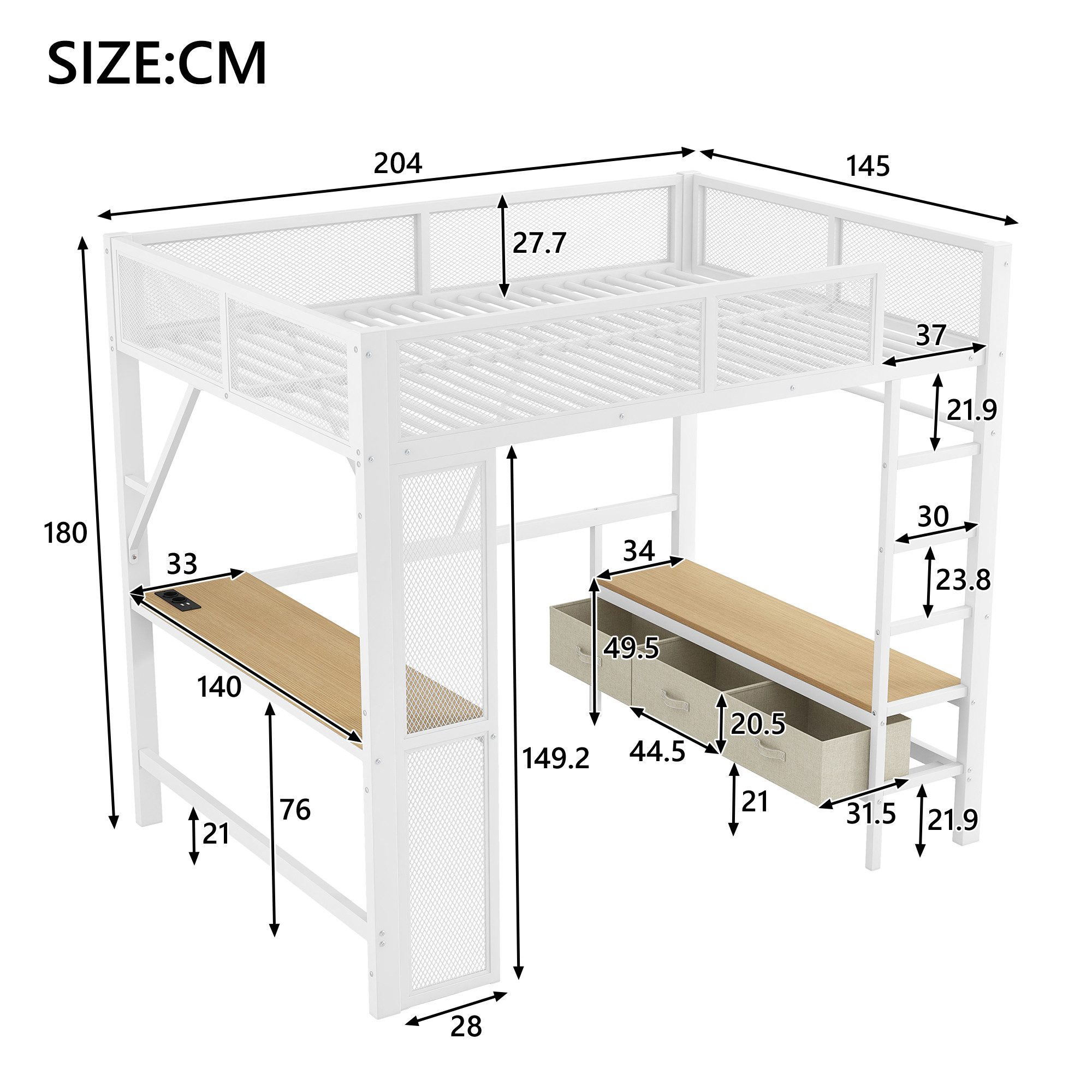 Merax Hochbett 140x200cm mit LED-Beleuchtung und USB (1-St., Etagenbett Jugendbett Einzelbett) Metallbett mit Schreibtisch, offenem Kleiderschrank und 3 Schubla – Bild 5 von 5