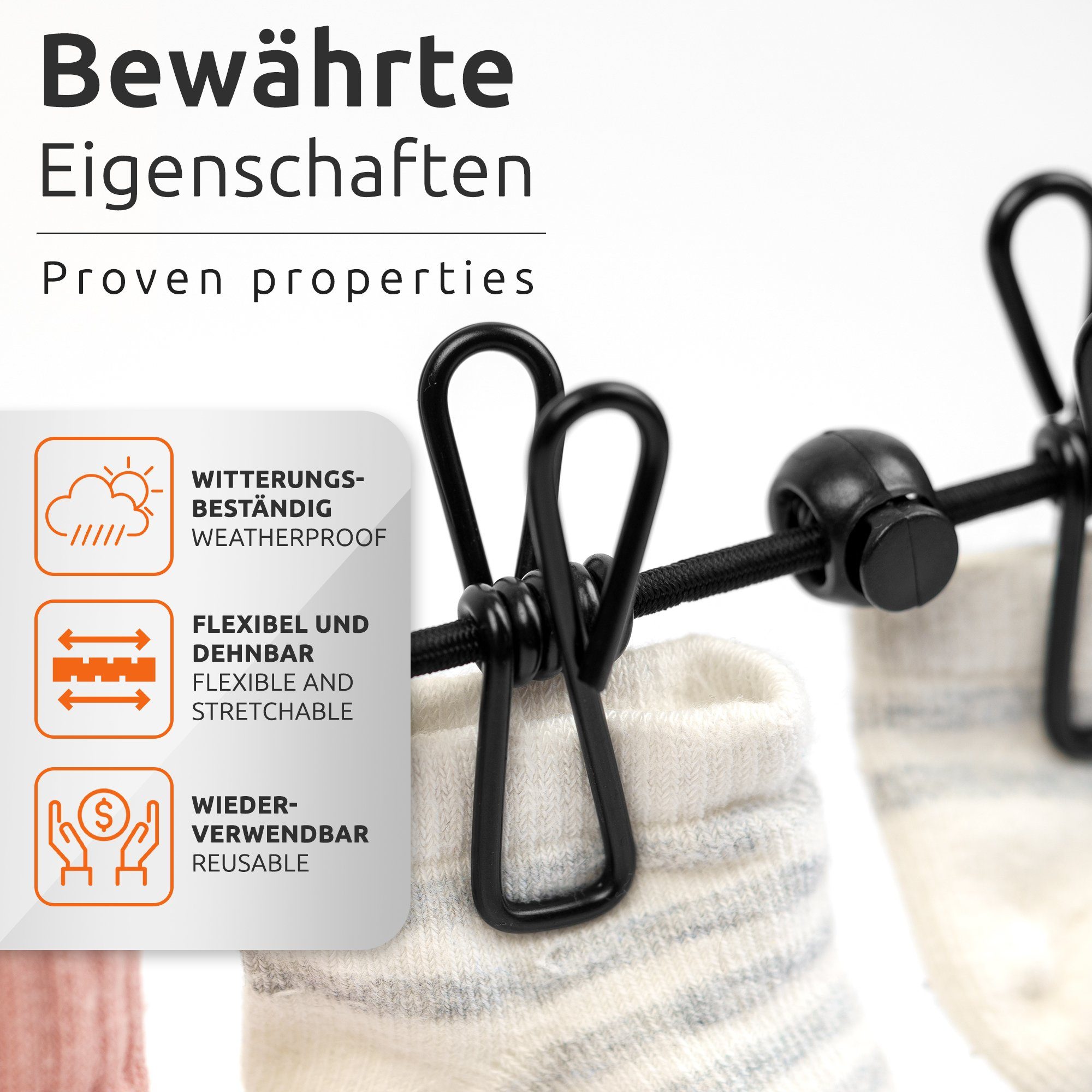 Reise Wand-Wäscheleine 2x Klammern Flexible 12 ECENCE mit Wäscheleine