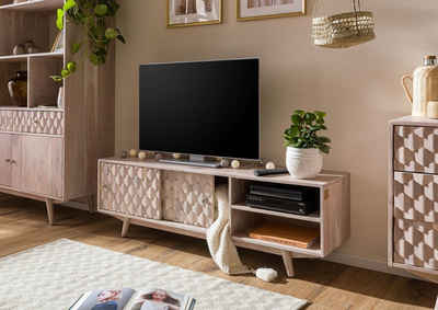 Massivmoebel24 TV-Board »MOSAYK« (TV-Board im Vintage Style, mit Schiebetüren und 2 offenen Fächern inklusive Kabelführung, in weiß lackiert 145x35x45 Akazie montiert), Holzmosaik-Muster, Retro-Stil