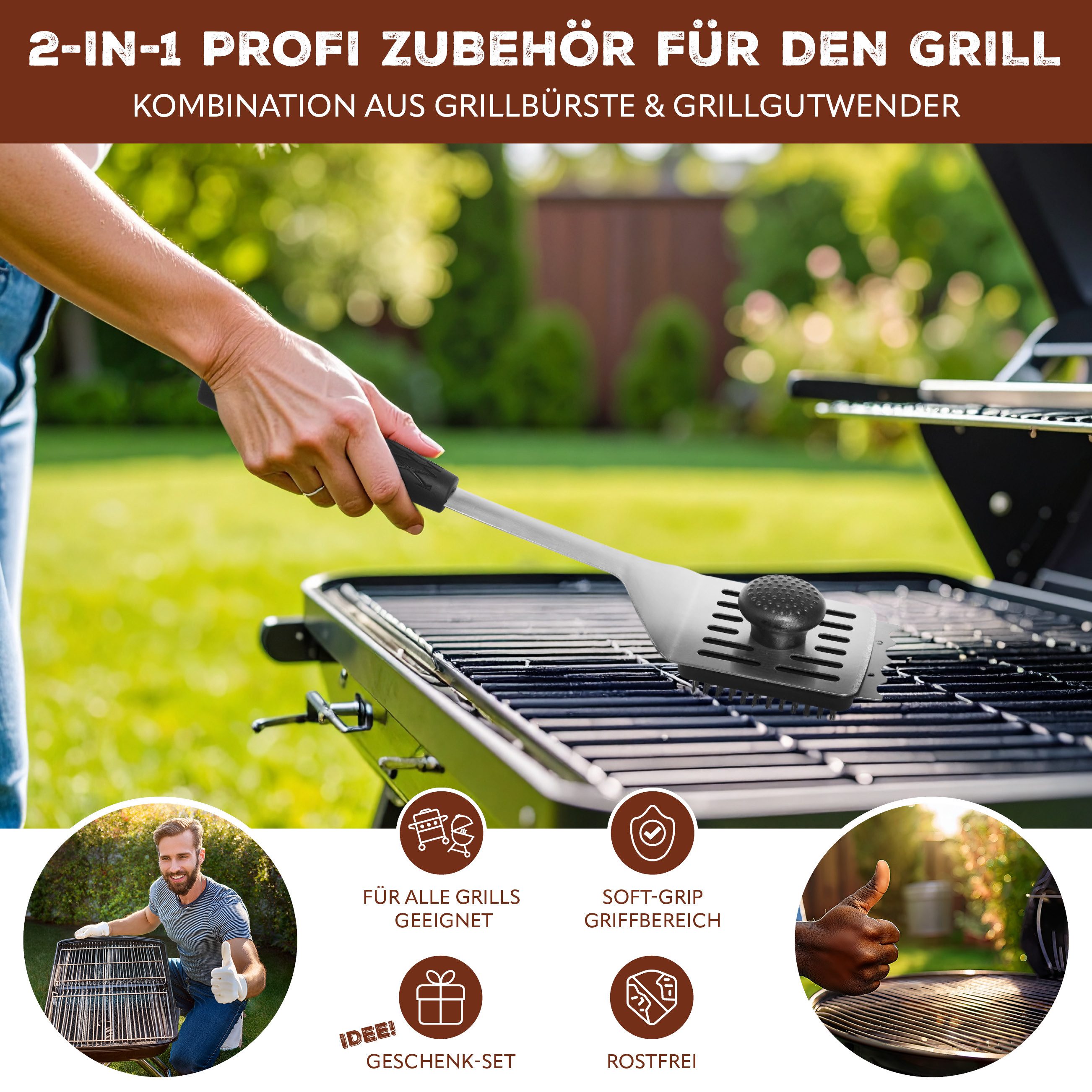 bremermann Grillbürste und Grillgutwender 2in1, Edelstahl, (1-tlg), 2in1 - Gleichzeitig auch Grillwender