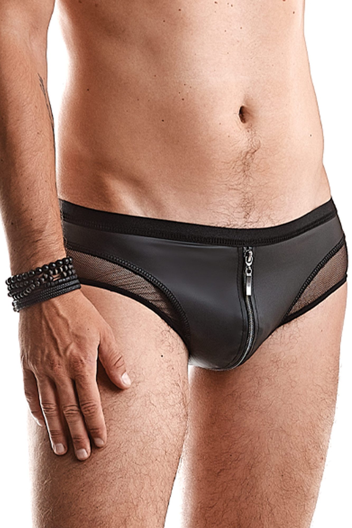 Slip Herren Slip schwarz aus wetlook und Netz Material elastisch mit Reißve