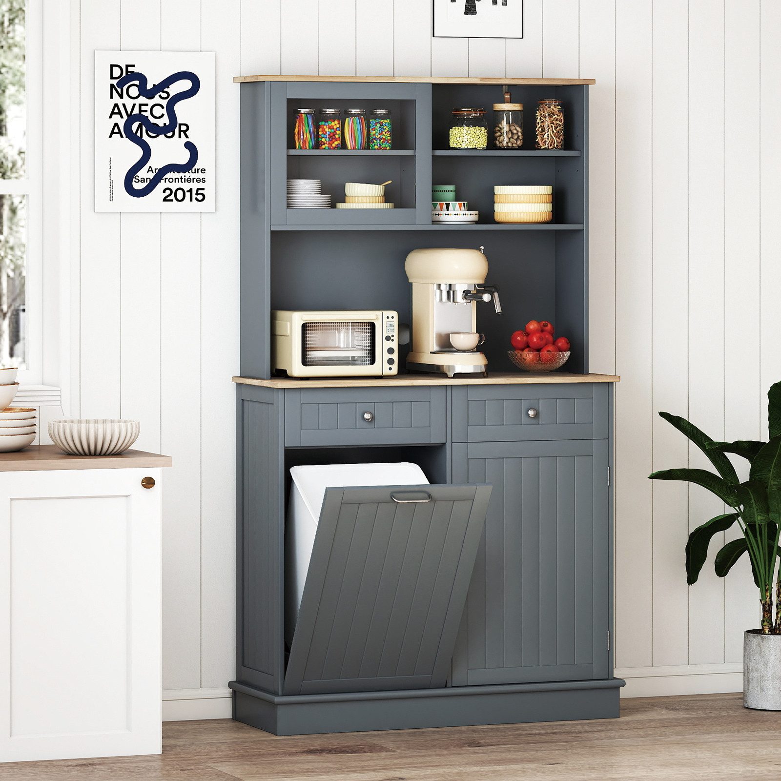 COSTWAY Küchenbuffet für 38L Mülleimer mit Arbeitsplatte, Hochschrank weiß