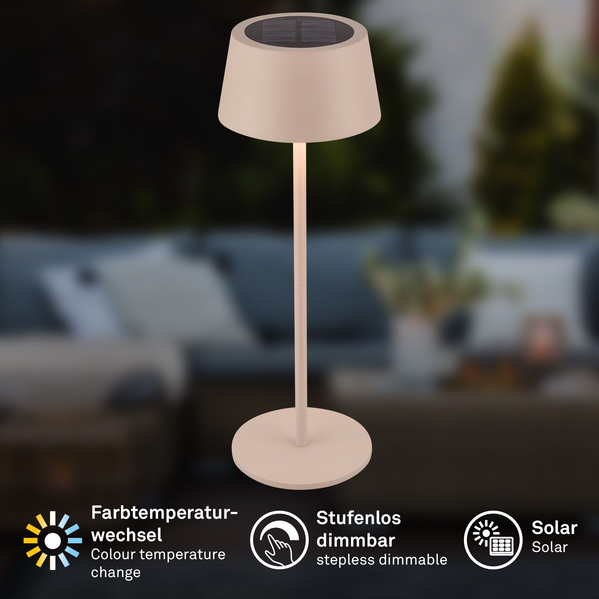 Briloner Leuchten LED Tischleuchte Solar Akku Awia kabellos Touch dimmbar USB-C, LED fest integriert, 11,5 x 32 cm Beige 2W Wohnzimmer Terrasse Indoor/Outdoor