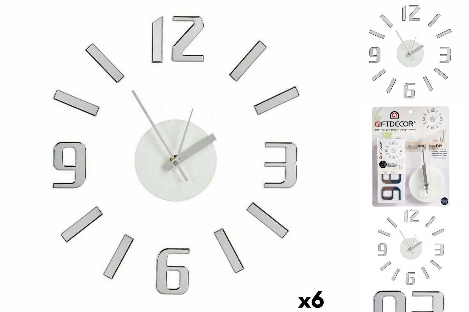 Gift Decor Uhr Wanduhr Klebstoff Silberfarben ABS EVA Ø 35 cm 6 Stück