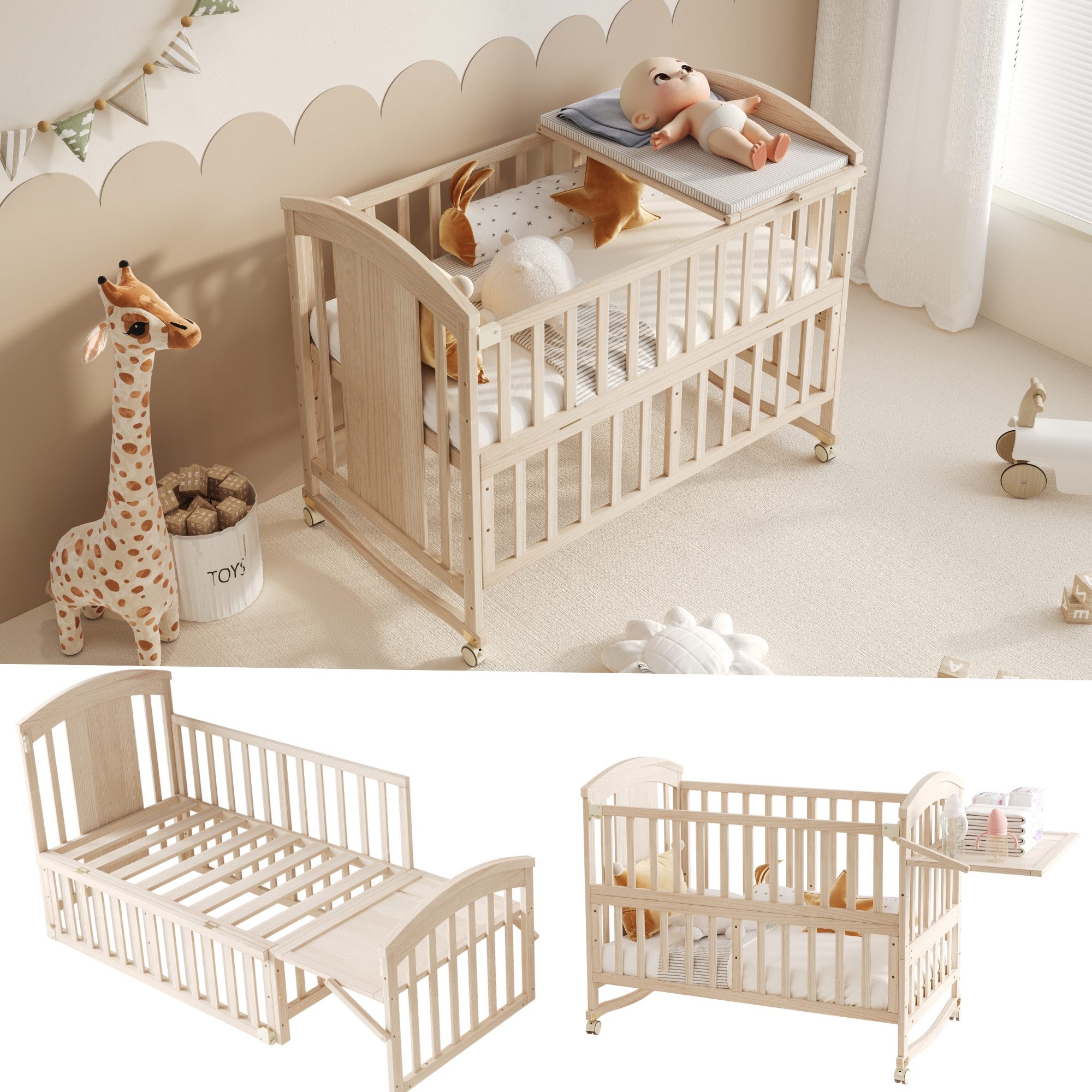 Flieks Babybett, Kinderbett Nebenbett 60x120cm/60x160cm mit abnehmbarer Seitengitter