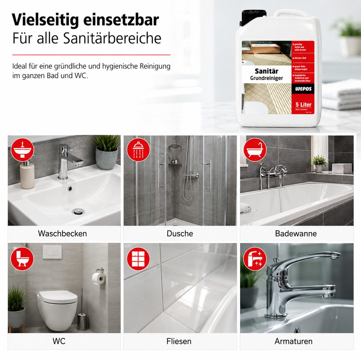DomDeco WEPOS Sanitär & Kalk Reiniger 5L, Gel-Grundreiniger für Bad Grundreiniger (Sauer, kraftvoller Kalklöser, Sanitärreiniger, hochkonzentriert)