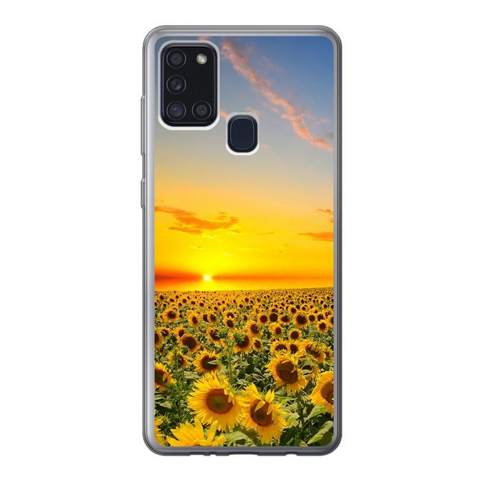 MuchoWow Handyhülle Blumen - Sonnenblume - Sonnenuntergang - Nacht - Orange Handyhülle Samsung Galaxy A21s Smartphone-Bumper Print Handy