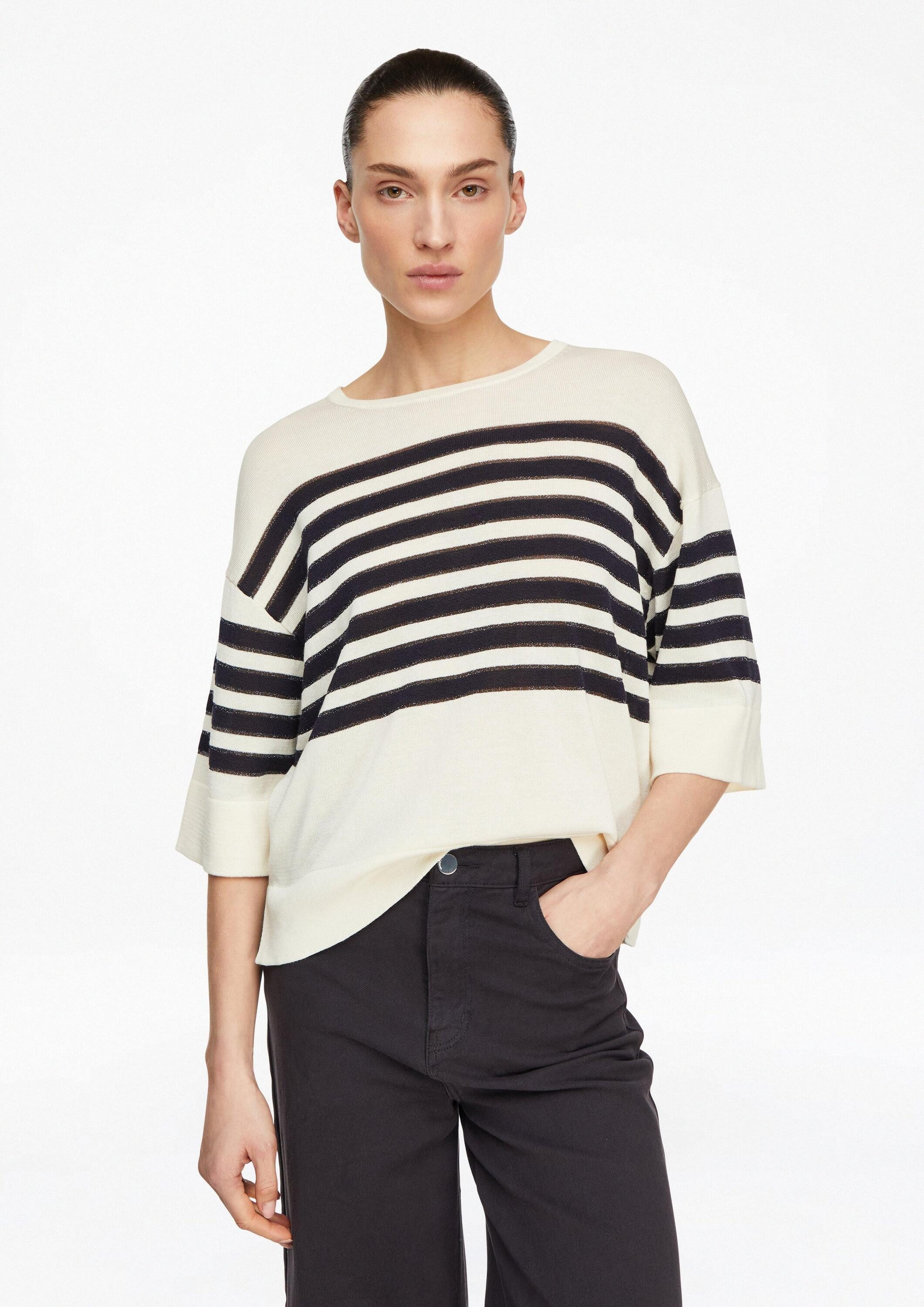 comma Kurzarmpullover Strickpullover Gestreifter Feinstrickpullover mit dezentem Glitzergarn