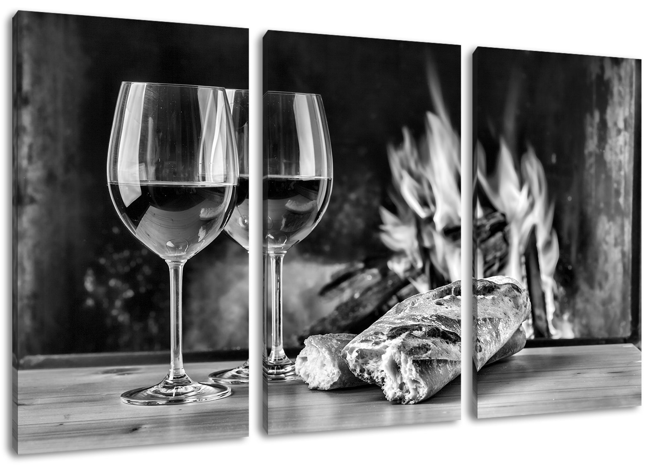 Pixxprint Leinwandbild Baguette Wein Alkohol, Baguette Wein Alkohol 3Teiler (120x80cm) (1 St), Leinwandbild fertig bespannt, inkl. Zackenaufhänger