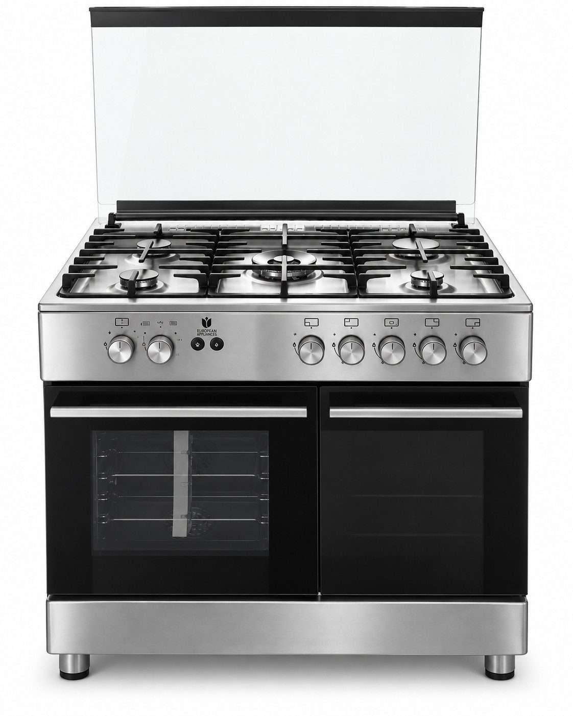 Gasline Gas-Standherd mit Flaschenschrank GAG90GOXFL, mit 1-fach-Teleskopauszug, Edelstahl, Vollzündsicherung, 90 cm breit mit WOK Brenner und Drehspieß Propangas