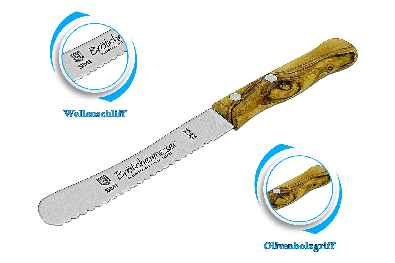 SMI Buttermesser 2tlg 22,5 cm Buttermesser Wellenschliff Frühstücksmesser Olivenholz nicht spülmaschinenfest