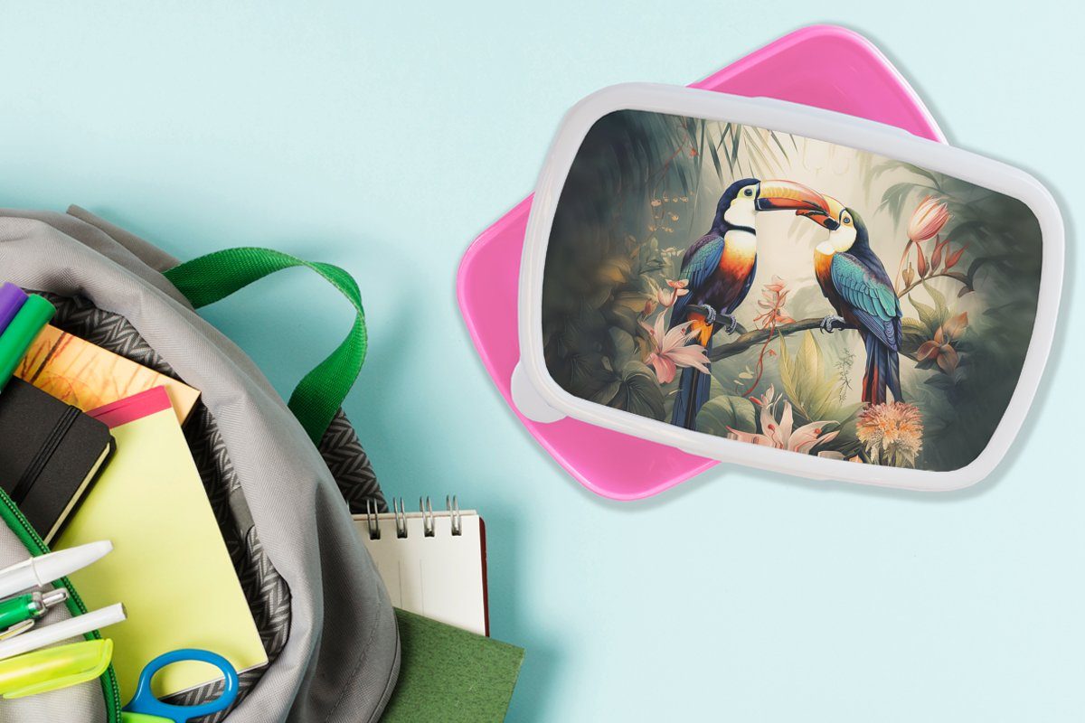 Kinder, Mädchen, (2-tlg), Snackbox, Kunststoff, - Erwachsene, für Lunchbox - Natur Tukan Vögel - Blumen Brotdose - Brotbox rosa Kunststoff MuchoWow Dschungel,
