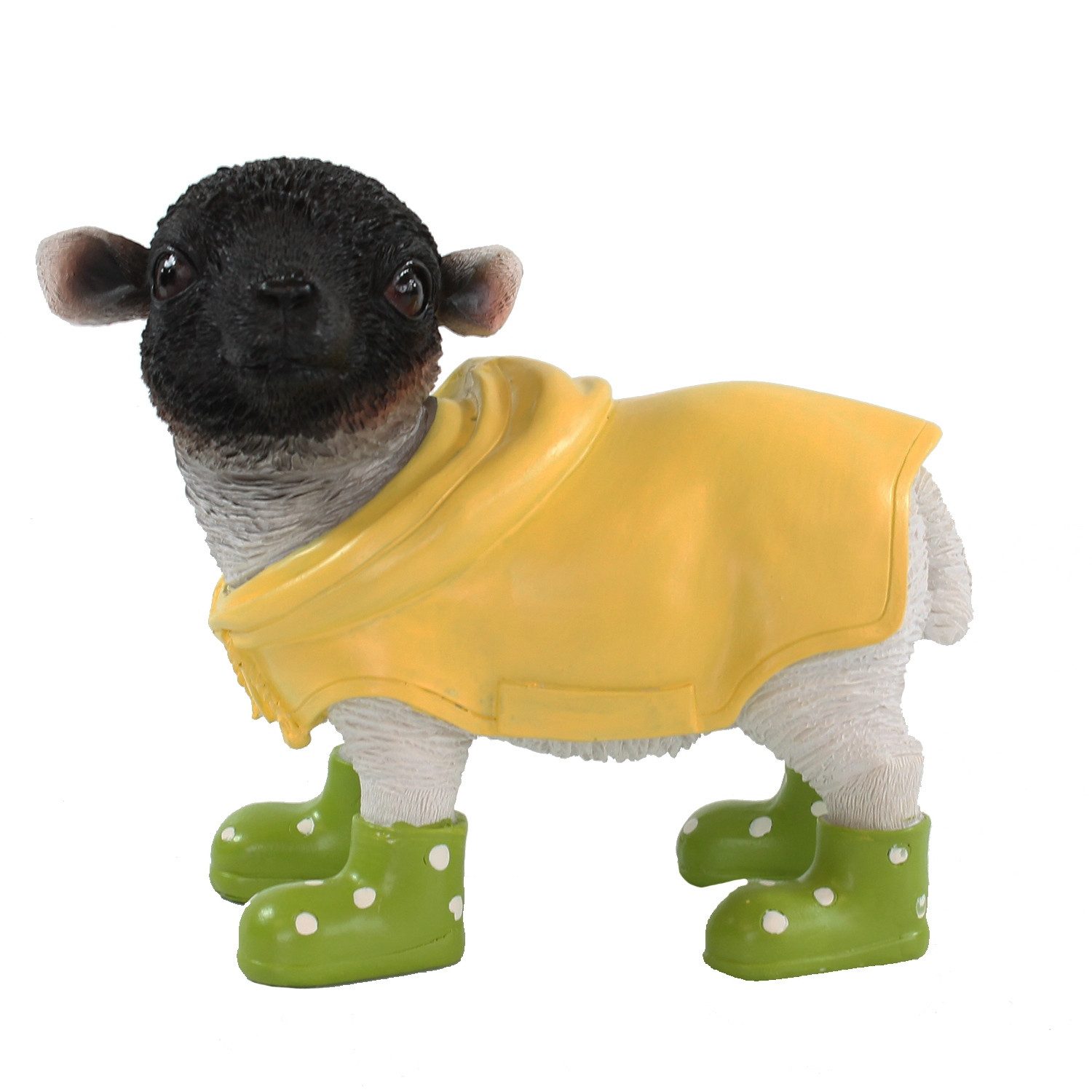 Tierfigur Lamm mit Mantel und Gummistiefeln lustige Dekofigur Schaf