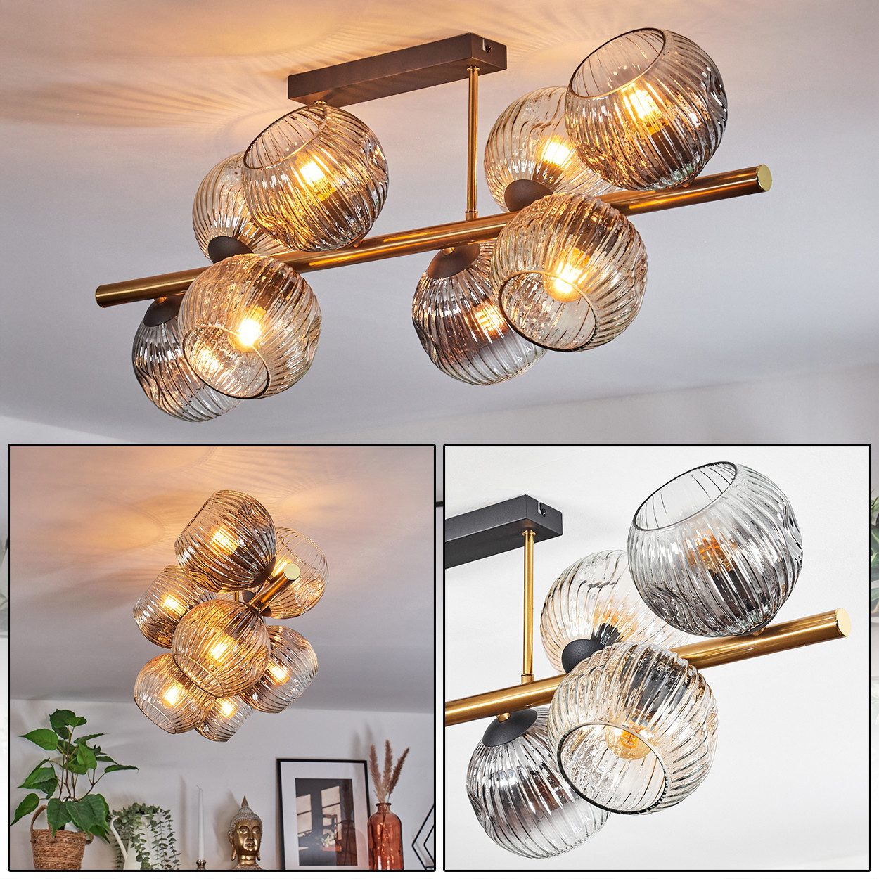 hofstein Deckenleuchte Deckenlampe aus Metall/Riffelglas in Schwarz/Gold/Bernstein/Rauch/Klar, ohne Leuchtmittel, Deckenleuchte im Retro/Vintage-Design (Schirme Ø 15 cm), 8 x E14