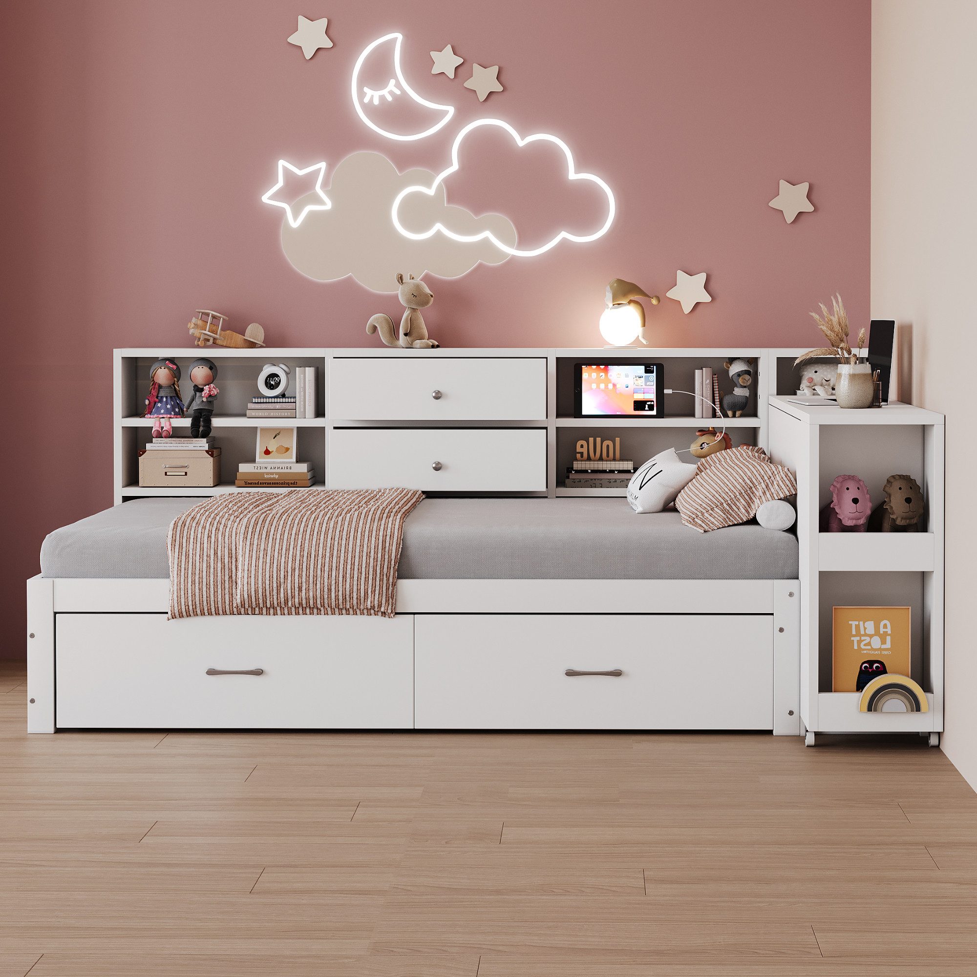 Flieks Kinderbett, Daybett 90x200cm mit ausziehbarem Schreibtisch & Schubladen & Aufladen