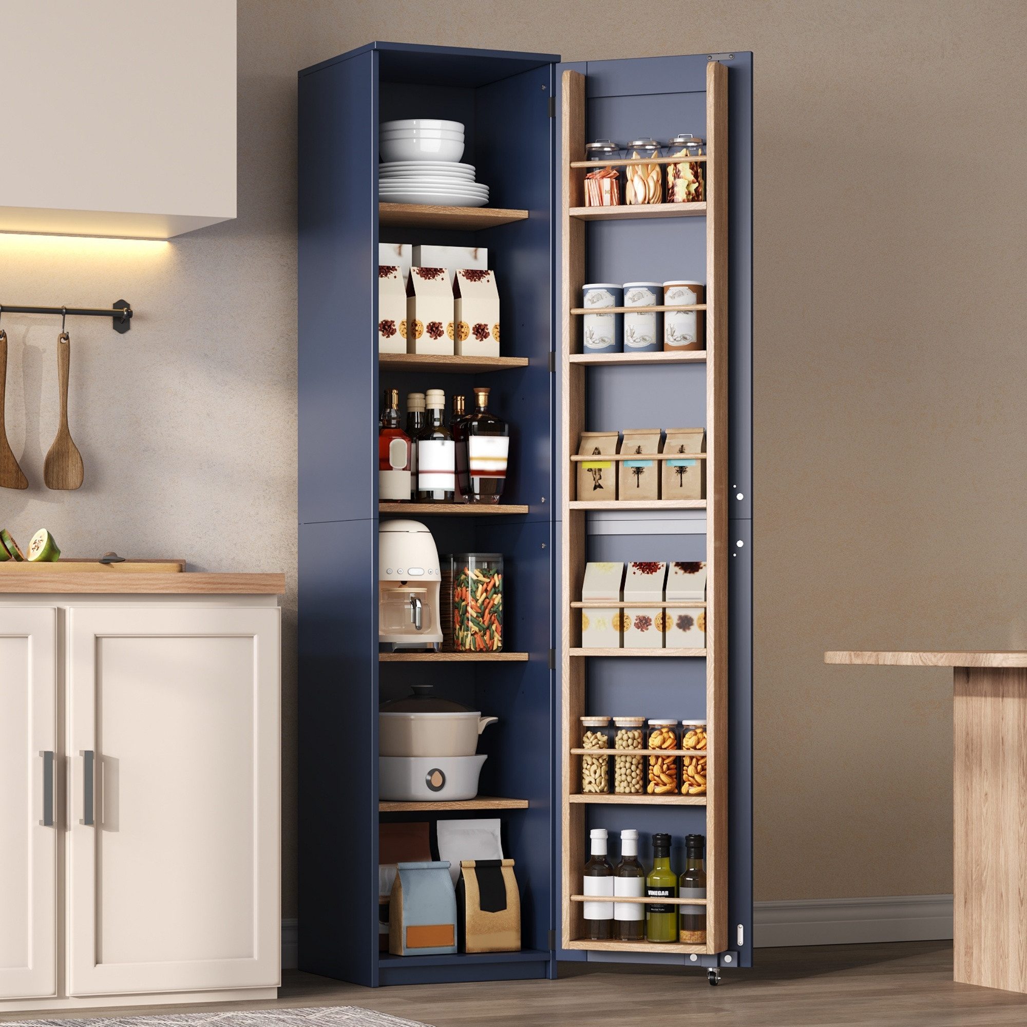 Celya Küchenbuffet Küchenschrank mit Türablagen und verstellbaren Einlegeböden (40 × 40× 183 cm, hoher Aufbewahrungsschrank, Vorratsschrank)