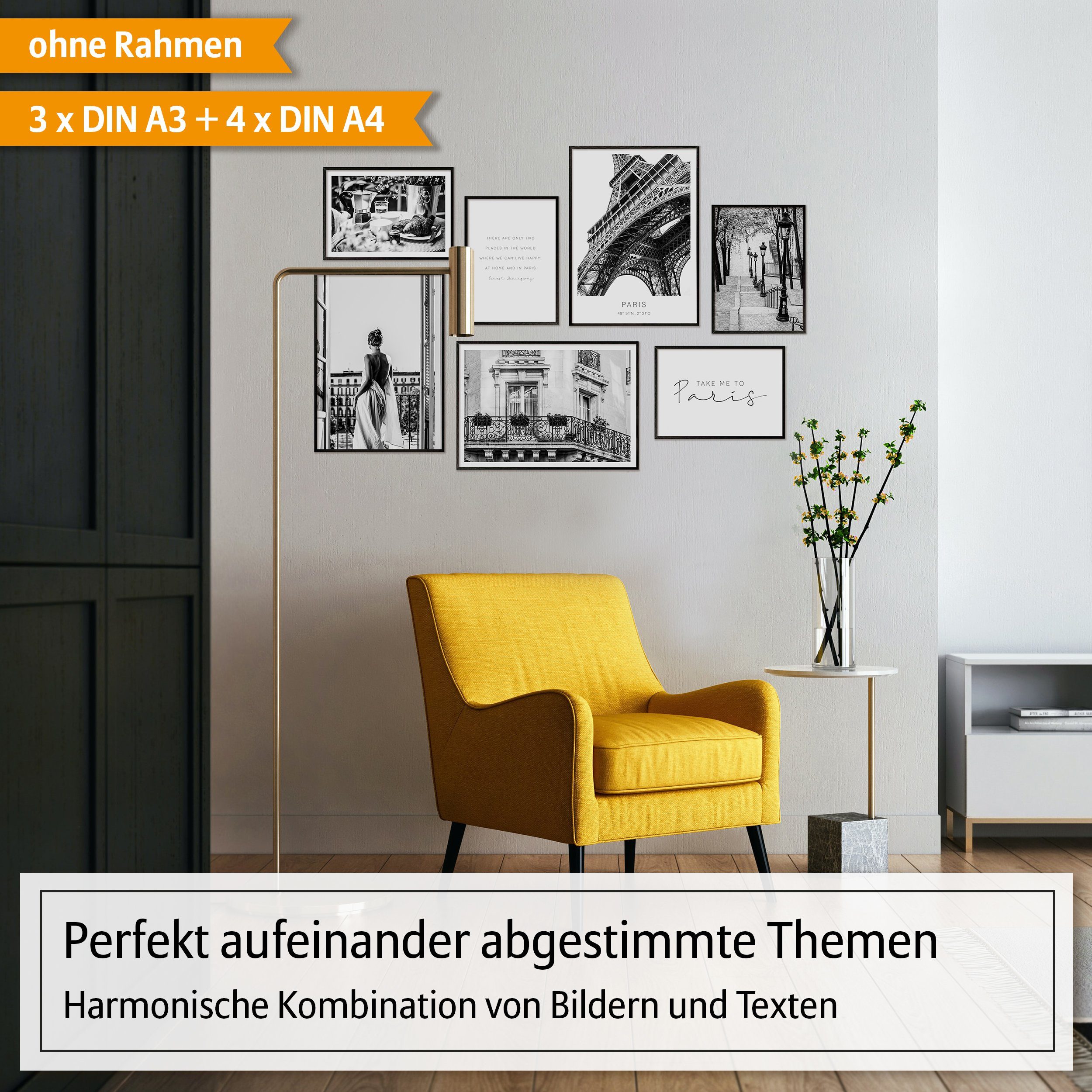 Hyggelig Home Poster Paris - Premium Poster Set OHNE & MIT Rahmen - Wandbilder schwarz weiß, Stadt (Set, 7 St), Collage Eiffelturm, Qualitätsdruck dickes Papier