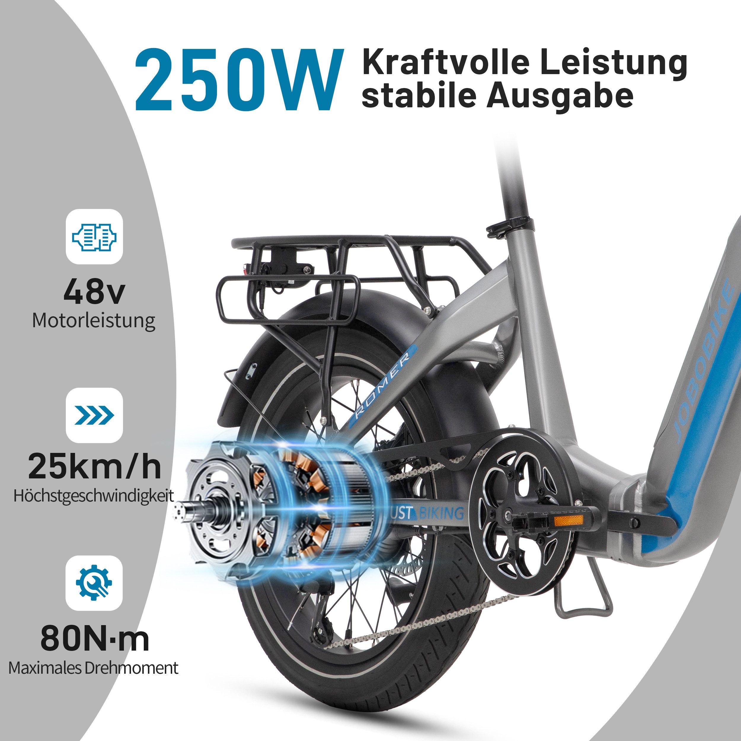 JOBOBIKE E-Bike Klapprad 20 x 3,0 Zoll, 80 Nm, Romer 60-150km, E-bike klappbar, E-Cityrad, 7 Gang Shimano, Heckmotor, 720 Wh, (LED-Display, Federgabel, bis zu 120kg, Faltrad), 5 Stufen, 3'' Breitreifen, Aluminiumrahmen, Tiefeinsteiger-Rahmen