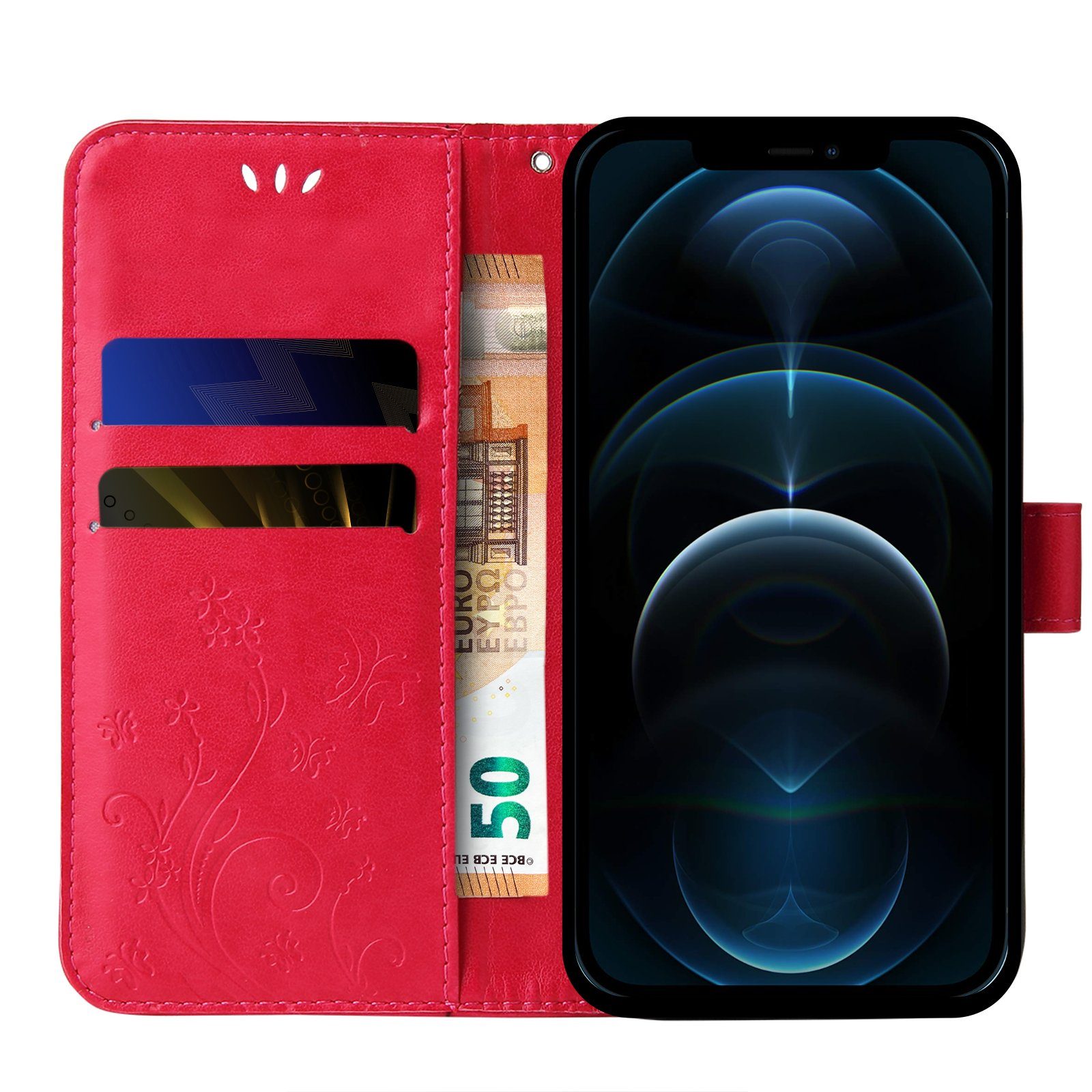 Tec-Expert Handyhülle Cover Tasche Hülle für Apple iPhone 12 6,1 Zoll, Klapphülle Case mit Kartenfach Fliphülle aufstellbar, Motiv Blumen