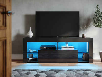 SONNI Lowboard TV Lowboard Schwarz Hochglanz mit LED Beleuchtung Breite 140 cm, tv schrank in wohnzimmer, sideboards