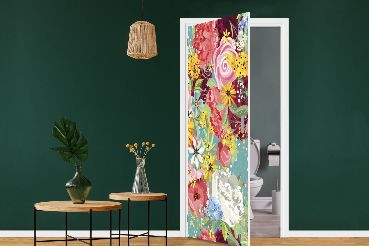 Tür, für bedruckt, Türtapete MuchoWow farbenfrohe Türaufkleber, Blumenmuster, cm Matt, Eine mit St), (1 Illustration Fototapete 75x205