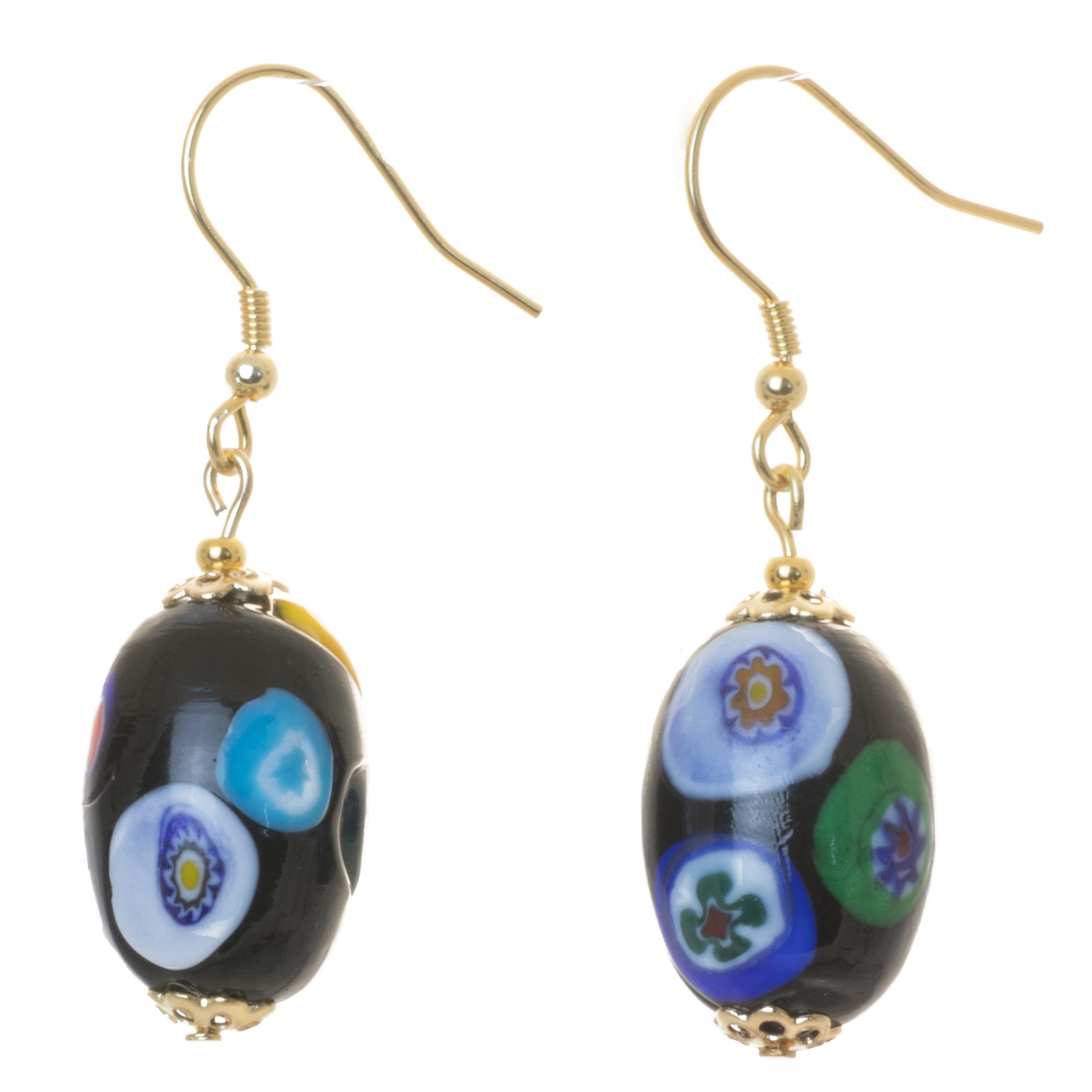 Bella Carina Paar Ohrhänger Ohrringe mit Murano Glas Mosaik Perlen, schwarz  länglich 925 Silber vergoldet