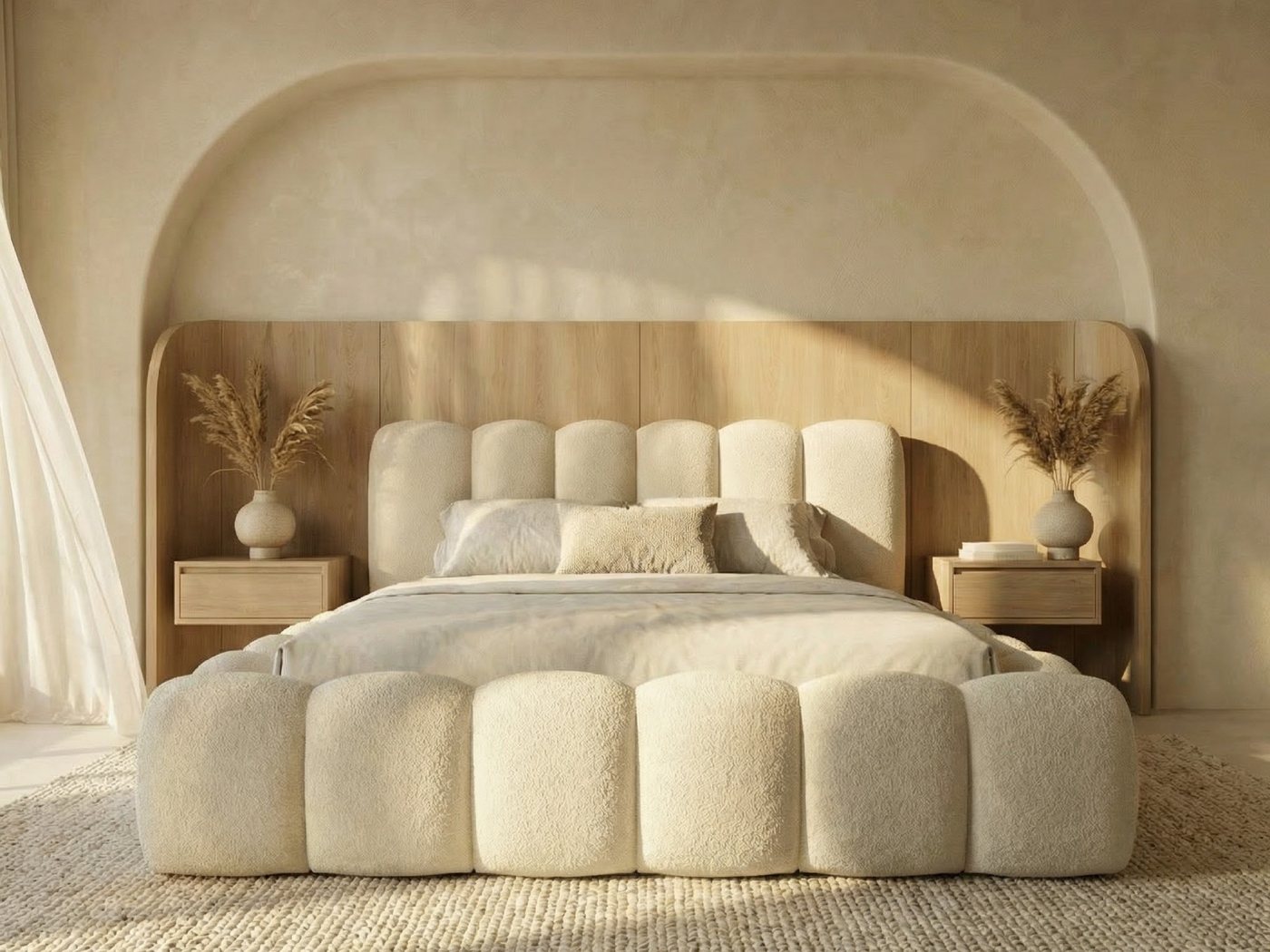 yourhouse24 Polsterbett DALLAS Slim Bubble-Design aus Bouclé, inkl. Bettkasten, Platzsparendes Chunky-Bett mit vertikaler Steppung