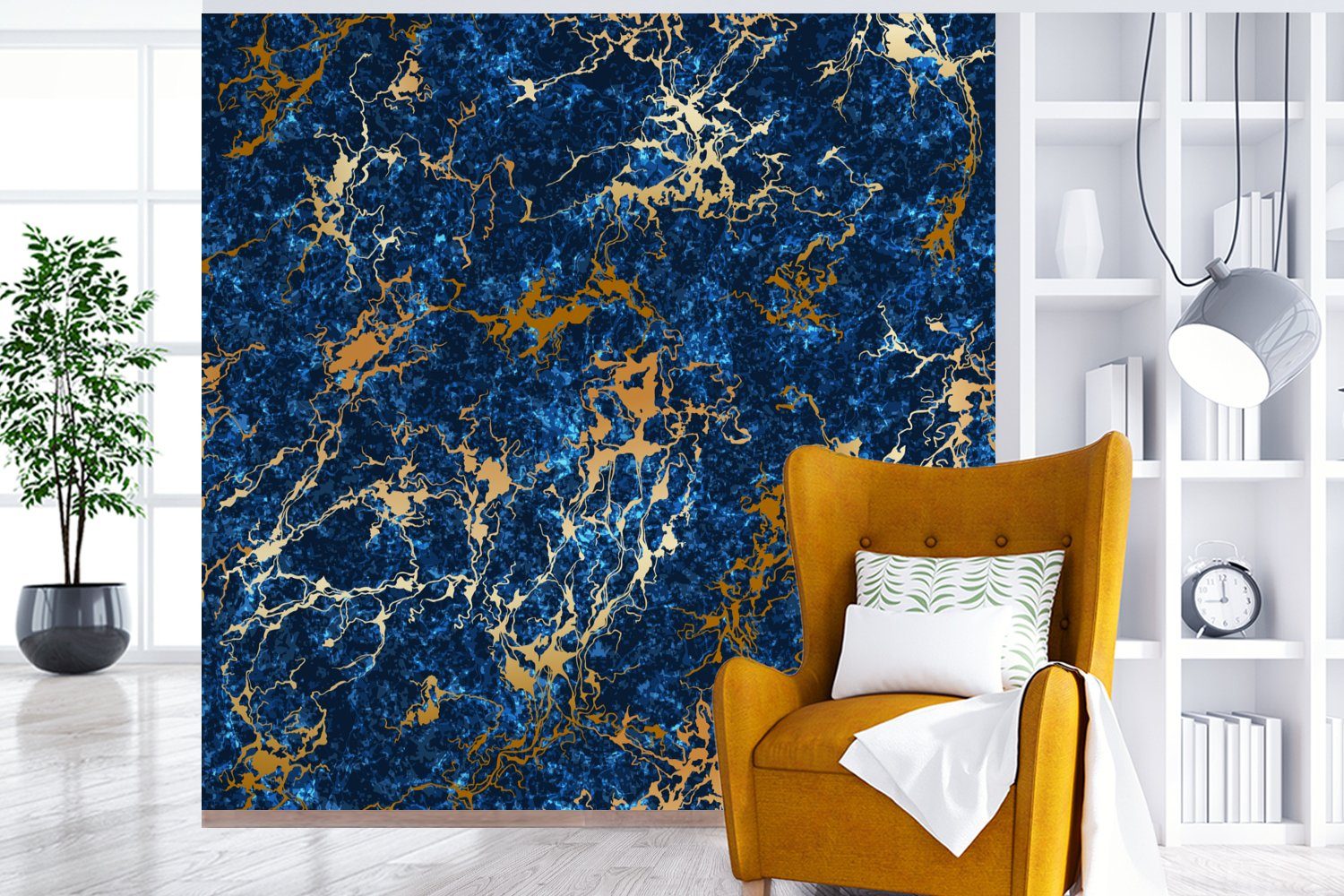 MuchoWow - Marmor Blau, Textur Vliestapete Matt, - (4 Schlafzimmer Fototapete bedruckt, für Küche, Fototapete - Gold Wohnzimmer St),