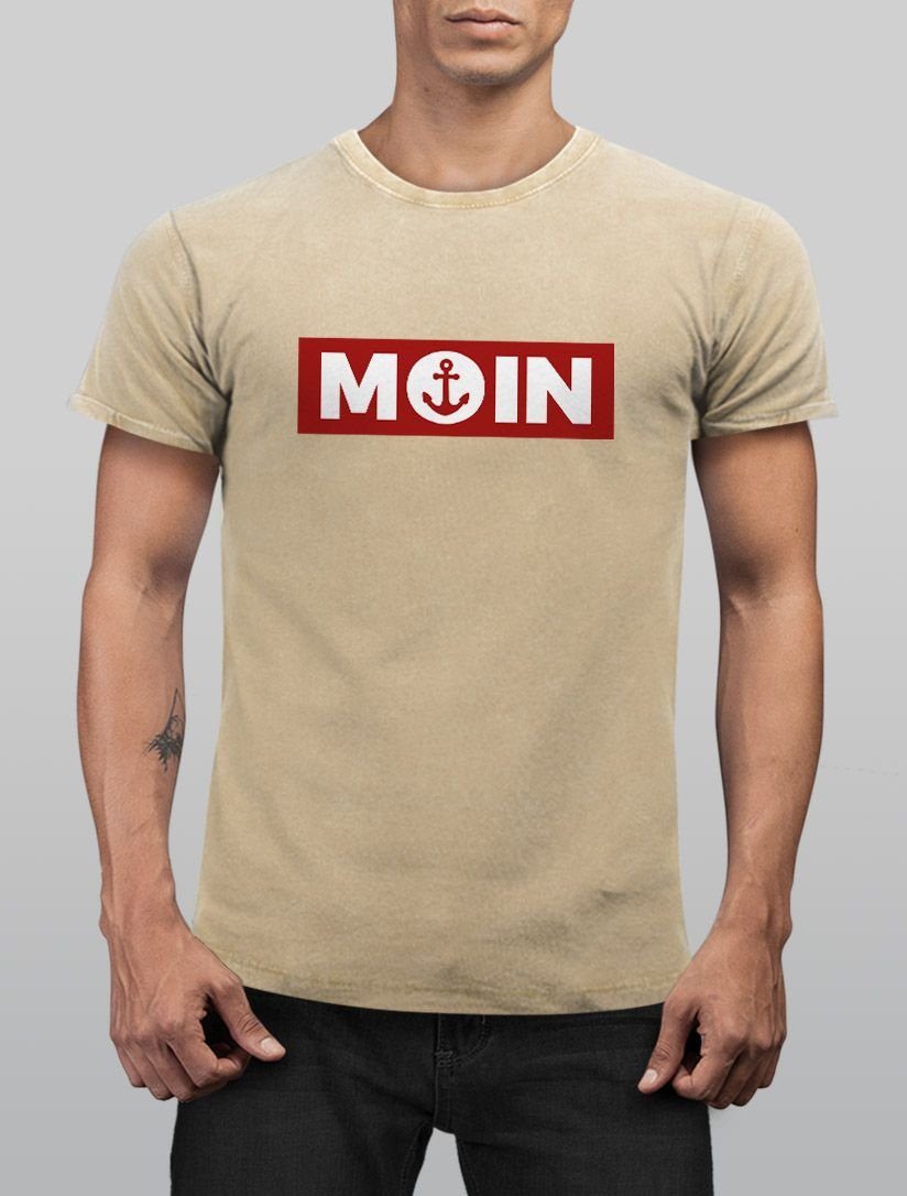 Fit Print Print-Shirt Neverless norddeutsch Printshirt T-Shirt natur Anker Moin Herren Neverless® Morgen Used Shirt mit Look Slim Aufdruck Vintage