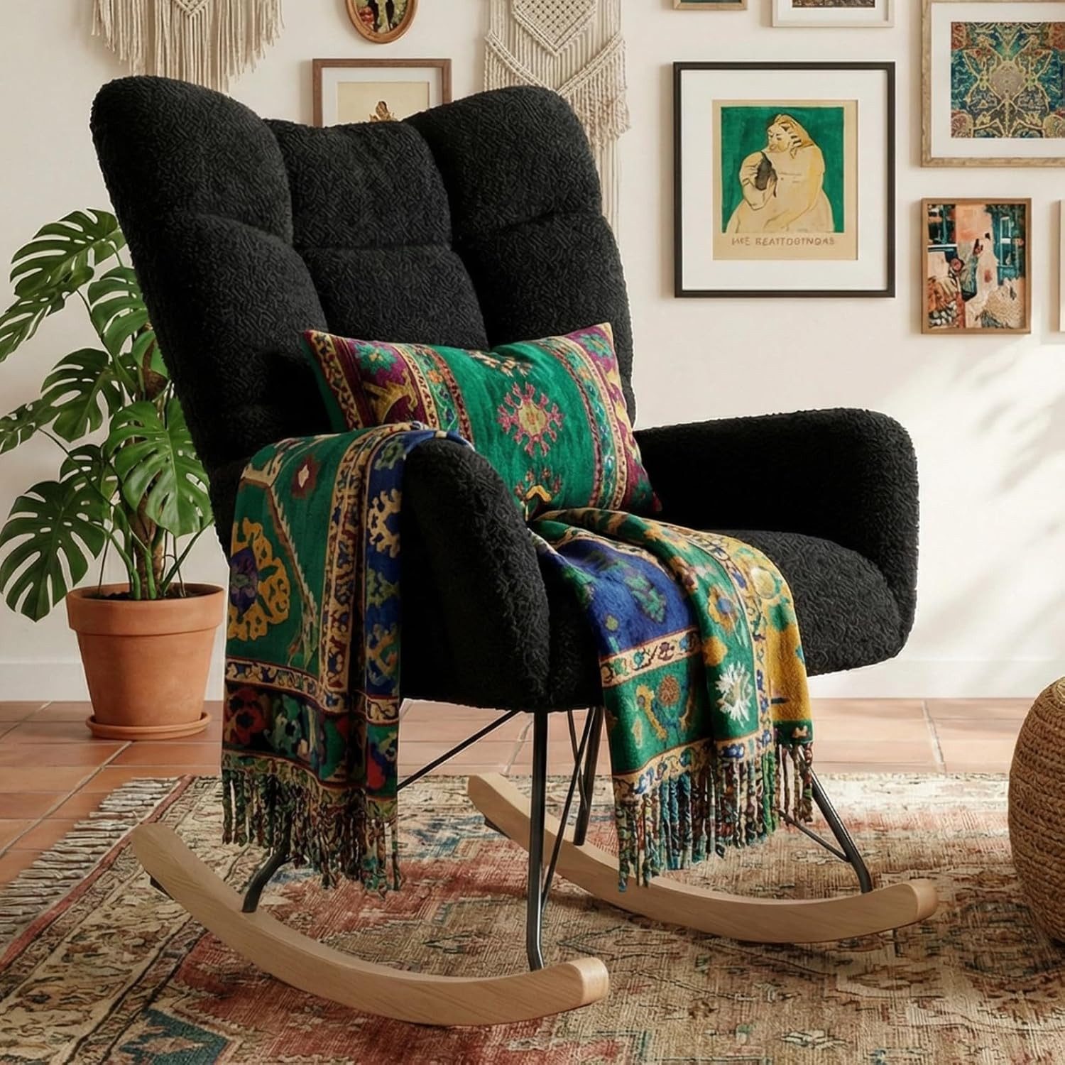 TLGREEN Schaukelstuhl wohnzimmer,Schaukelsessel mit Armlehne, (Teddystoff Gepolsterter, Holzkufen und Metallbeinen), für Wohnzimmer, Kinderzimmer, Schlafzimmer, Bis 136 kg Belastbar