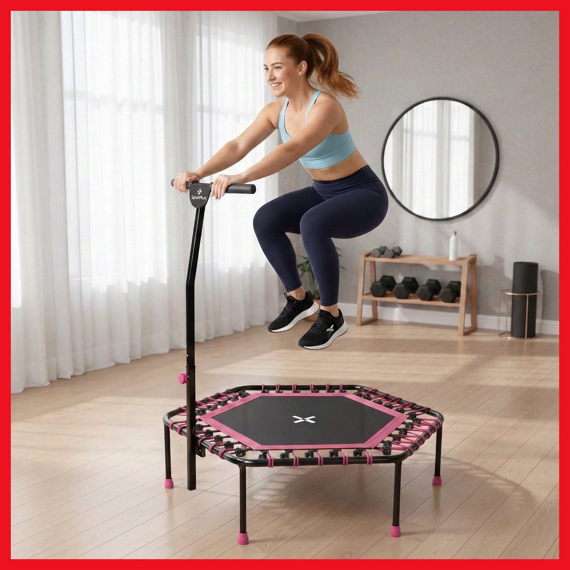 PeakPower Fitnesstrampolin Trampolin Indoor Ø 126cm mit verstellbaren Griffen bis 110 KG, Extra leise Gummiseilfederung, stabiles Sprungtuch