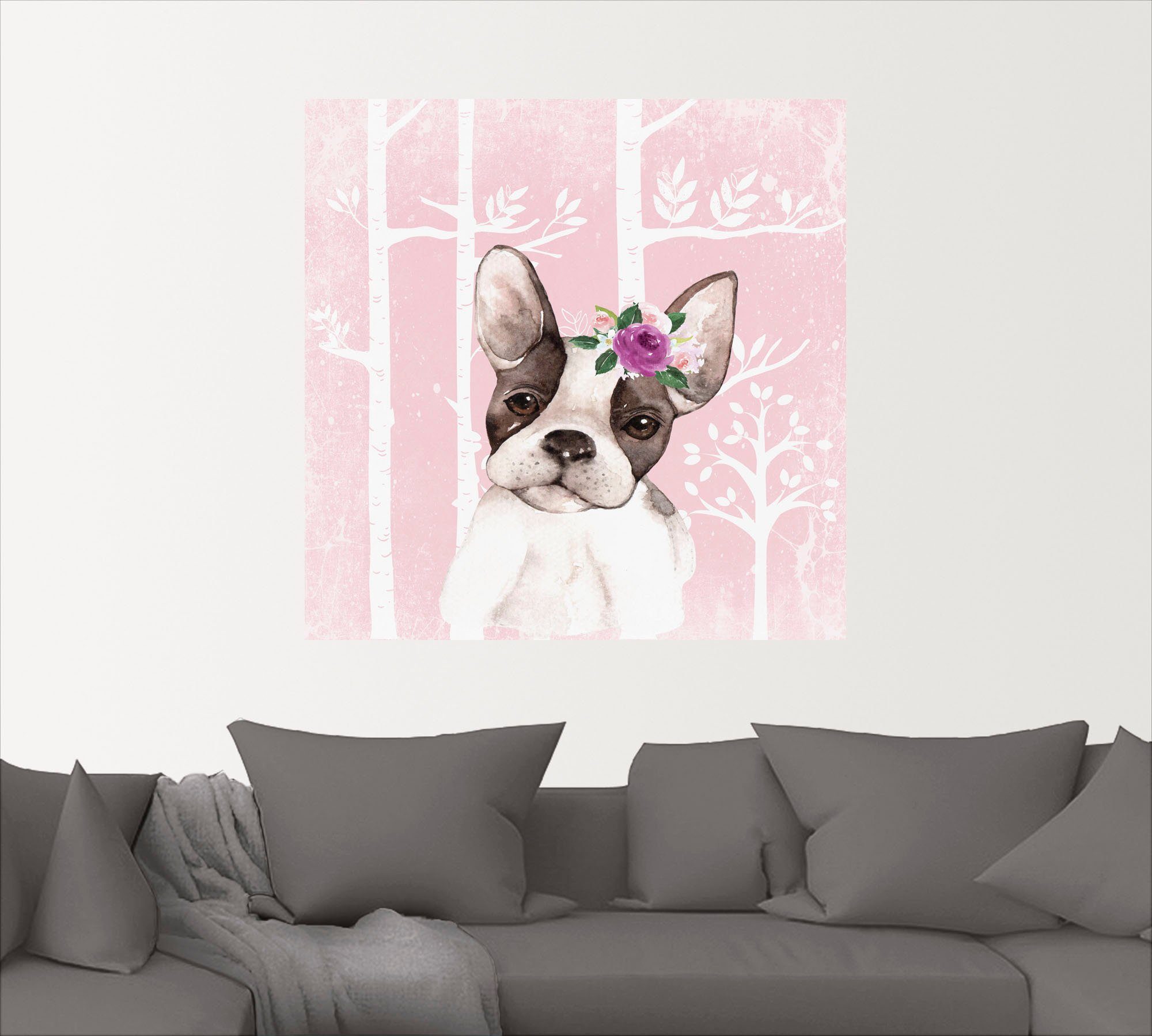 Wald, in Blumen Hund als Leinwandbild, im Mops mit St), Größen Tiere Poster versch. Wandbild Alubild, oder Wandaufkleber (1 Artland pink