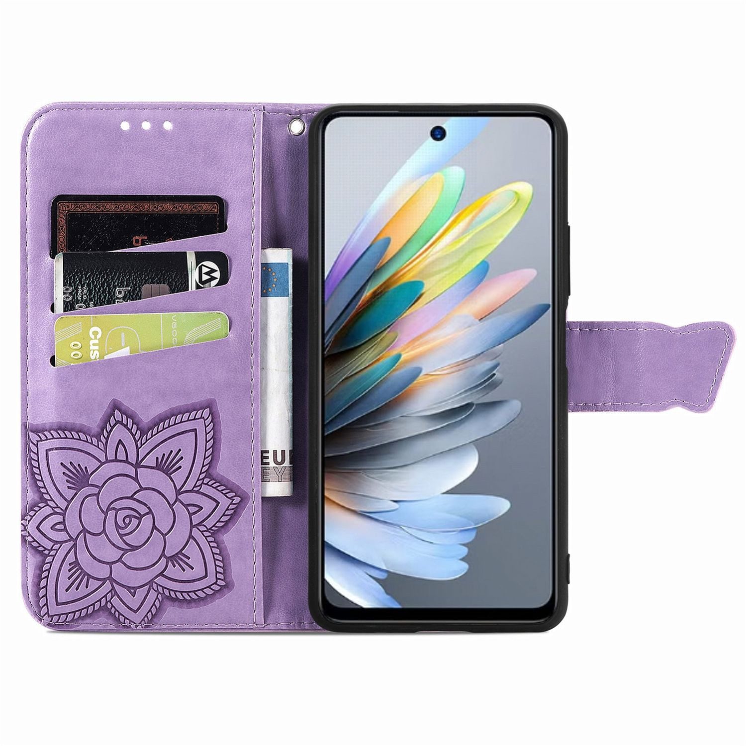 Wigento Smartphone-Hülle Für ZTE Blade A75 4G Kunstleder Schmetterling Hülle Tasche Hell-Lila, Kunst-Leder Schutzhülle Smart Case Cover magnetischer Verschluss