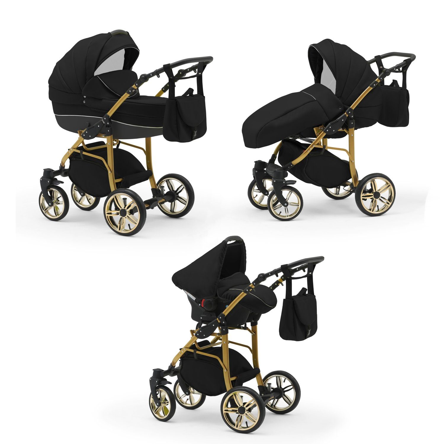 babies-on-wheels Kombi-Kinderwagen 3 in 1 Kinderwagen-Set Cosmo Gold- 16 Teile - in 46 Farben Schwarz-Schwarz