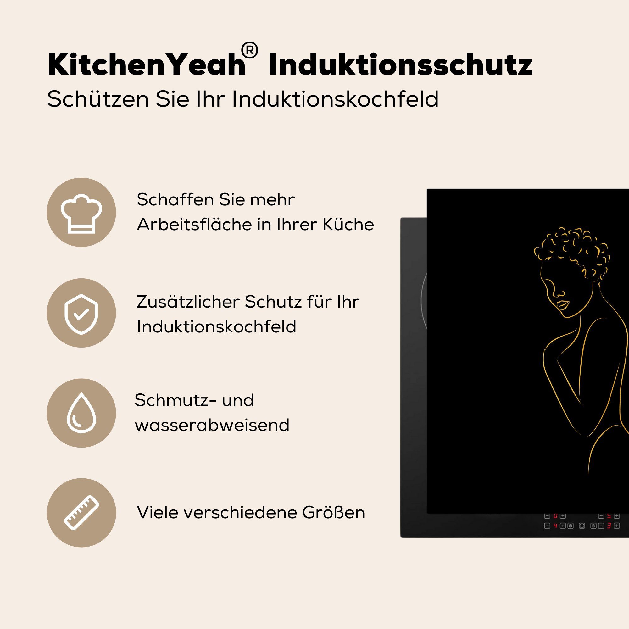 Gold Vinyl, MuchoWow Ceranfeldabdeckung, tlg), 78x78 für - küche Herdblende-/Abdeckplatte - cm, Strichzeichnung, Frau Schwarz Arbeitsplatte - (1