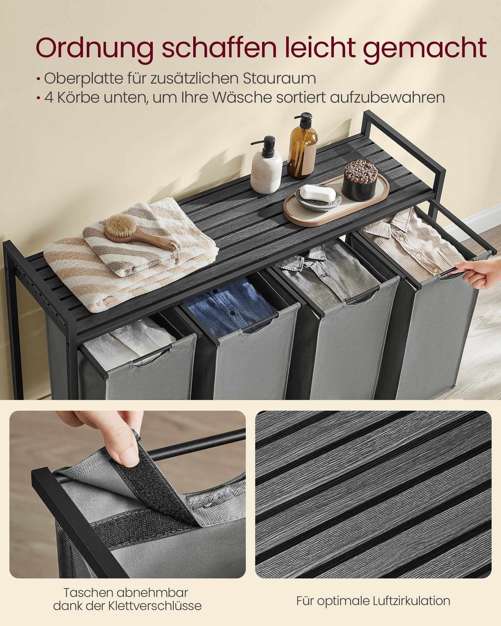 VASAGLE Wäschekorb, 4 Fächer, mit Ablage, ausziehbar abnehmbar, 4/5 x 40 L