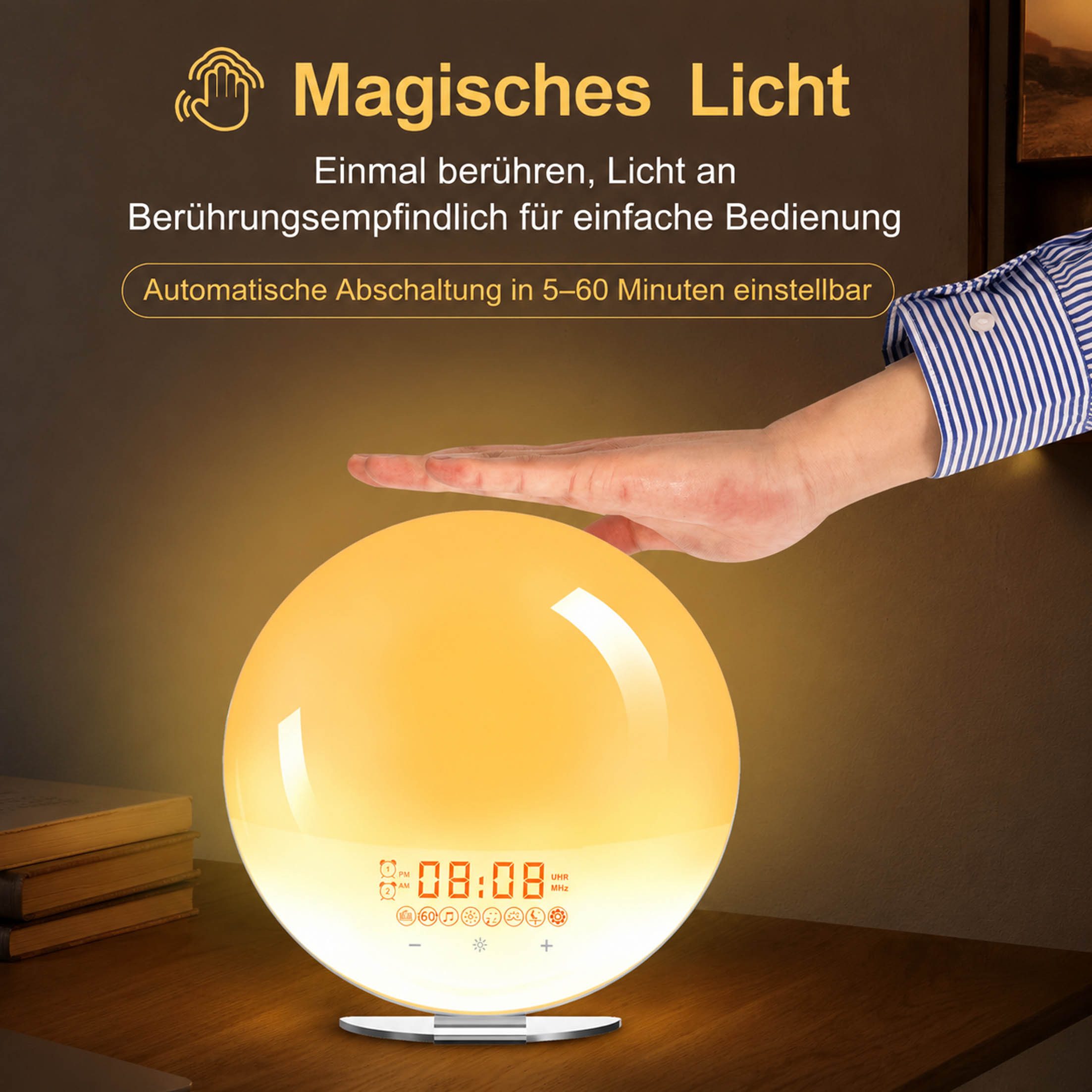 KINSI Wecker Tageslichtwecker, Sonnenaufgang Simulation, FM Radio, Nachtlicht Doppelalarm, 8 Einschlafsounds, 5x Schlummern, Touchlicht