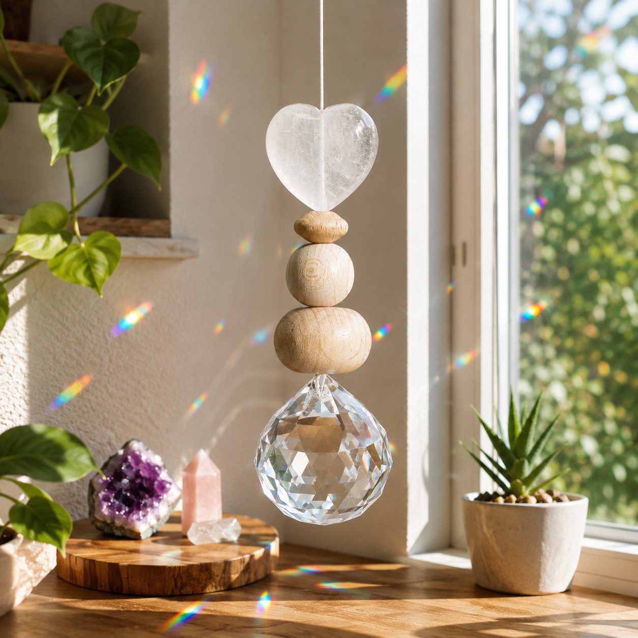 Karmandala Fensterdekoration Kristall Sonnenfänger mit Edelstein Windspiel Regenbogen Lichtfänger, echte Bergkristall Steine für Klarheit, Fokus und Ausgeglichenheit