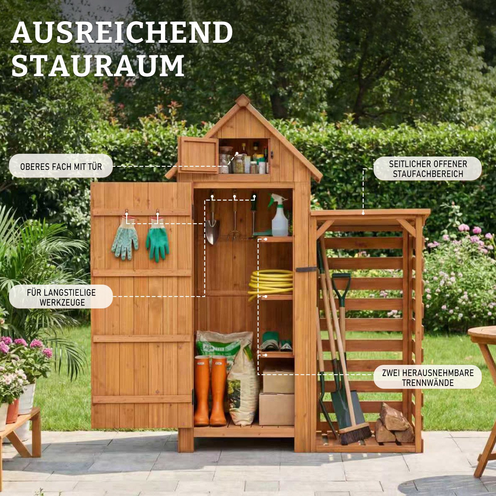 HOMAVO Gerätehaus mit Kaminholzregal Gartenschrank Werkzeugschrank Geräteschuppen, Outdoor-Schrank, Satteldach, mit 3 Einlegeböden, 131 × 54.3 × 179 cm