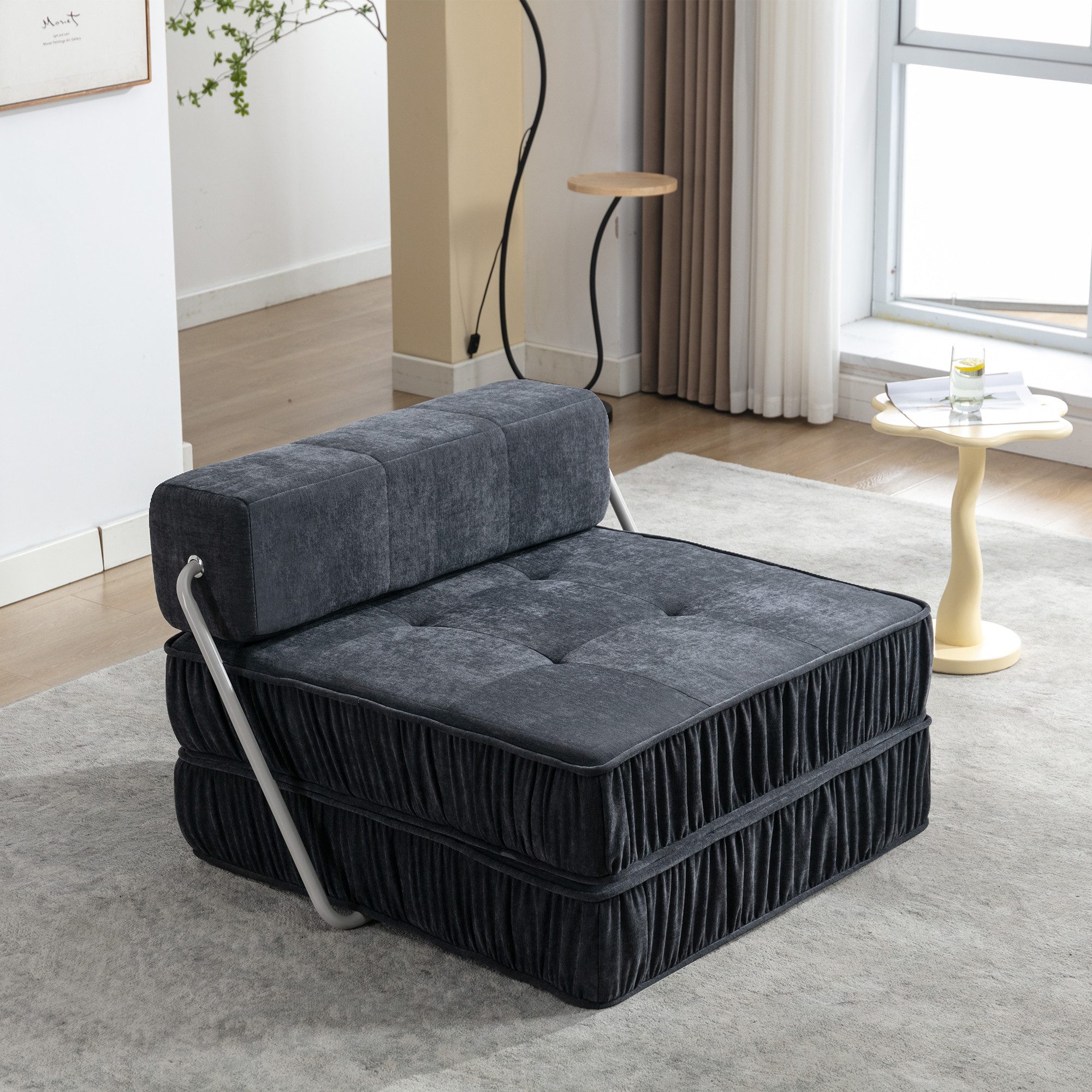 HAUSS SPOLE Loungesofa umwandelbarer Klappsofa Loungesessel mit Faltenoptik Wohnzimmer,Grau, umwandelbarer Multifunktionssofa Sofagarnituren mit Schaumstoff, Klappbares Sofa-Bett – 2-in-1 für Wohnzimmer