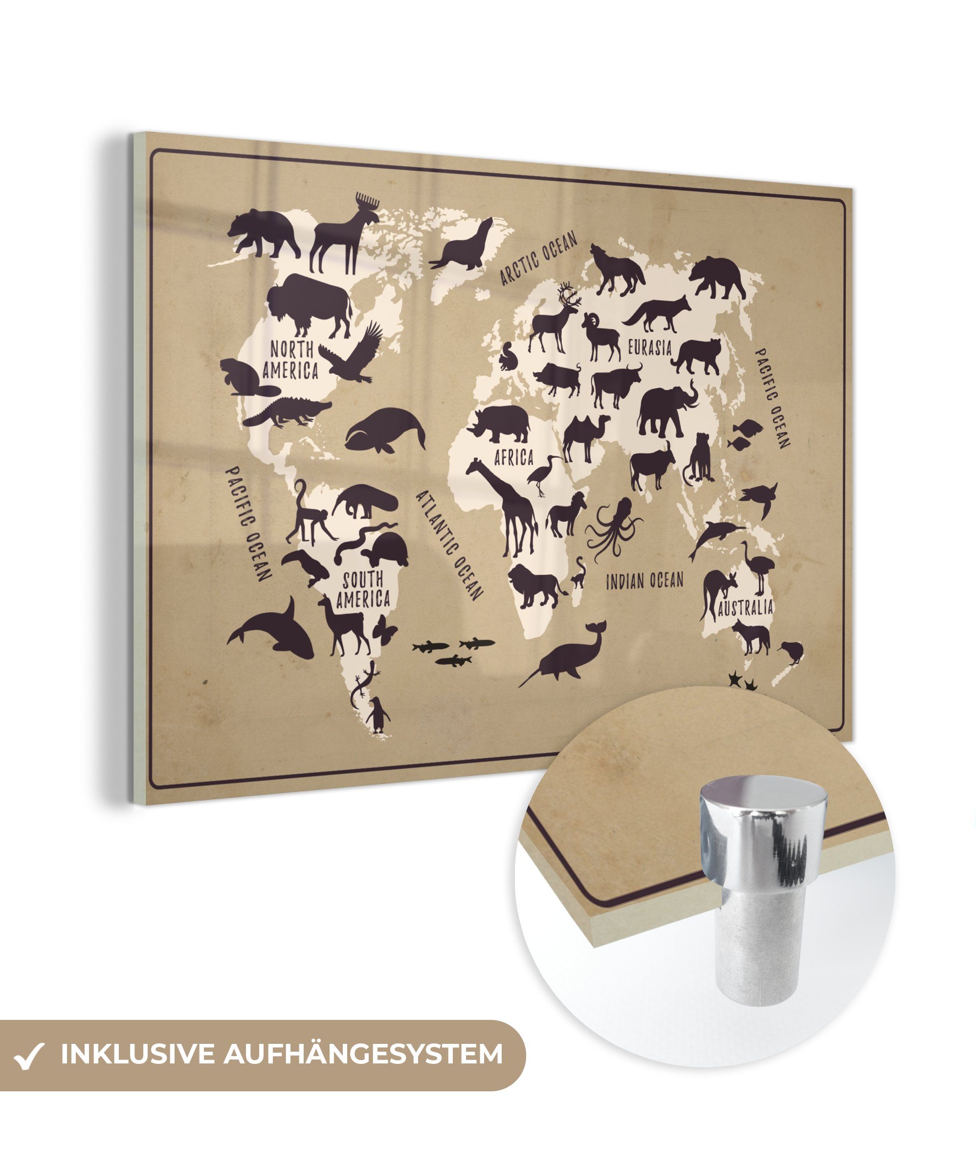 MuchoWow Acrylglasbild Weltkarte - Beige - Tiere, (1 St), Glasbilder - Bilder auf Glas Wandbild - Foto auf Glas - Wanddekoration