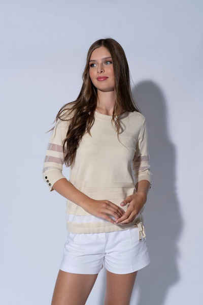 Passioni 3/4 Arm-Pullover Pullover in Beige mit 3/4 Ärmeln und transparenten Streifendetails transparente Streifen