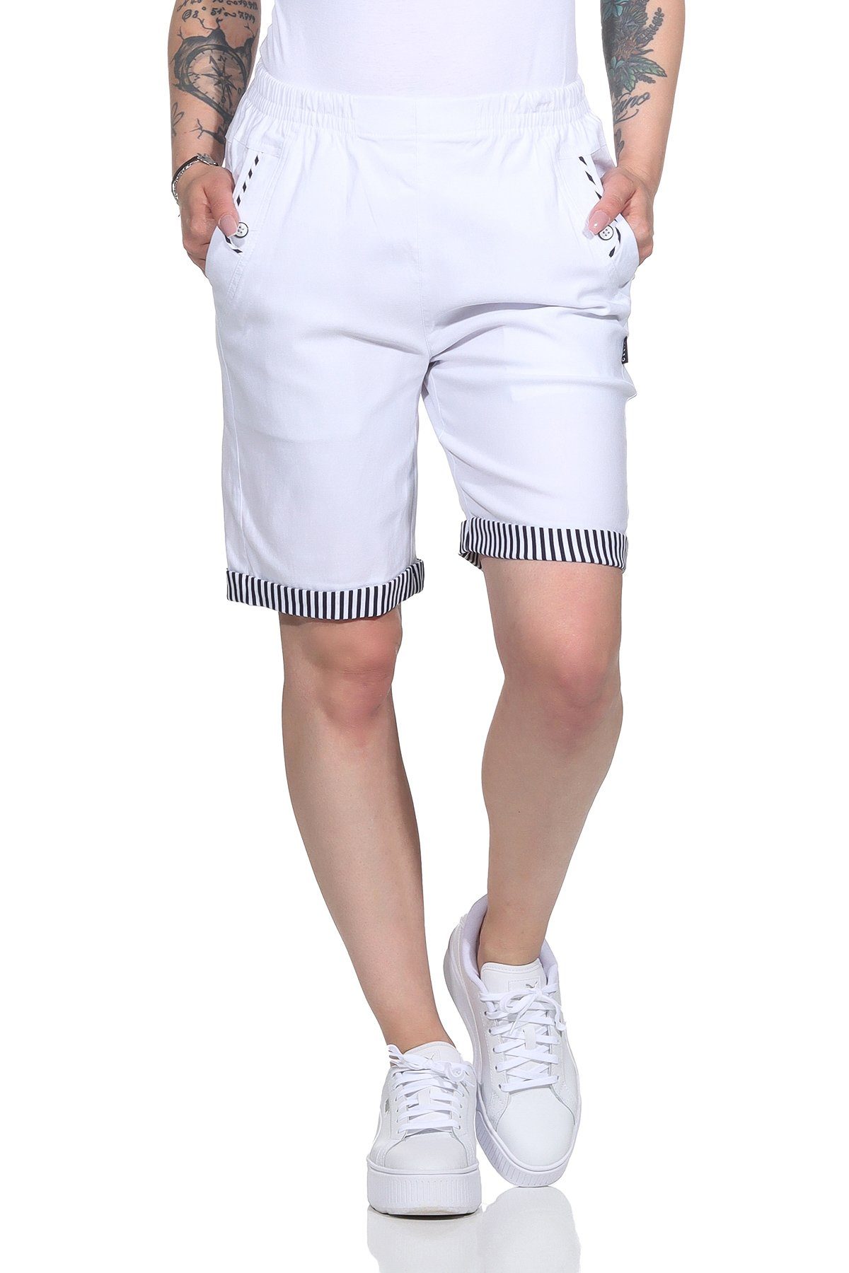 Strandbermuda Bund, Damenmode maritimen Shorts mit großen auch Shorts in mit Aurela Details Damen erhältlich, Größen Weiß Bermuda Sommer Maritime elastischem