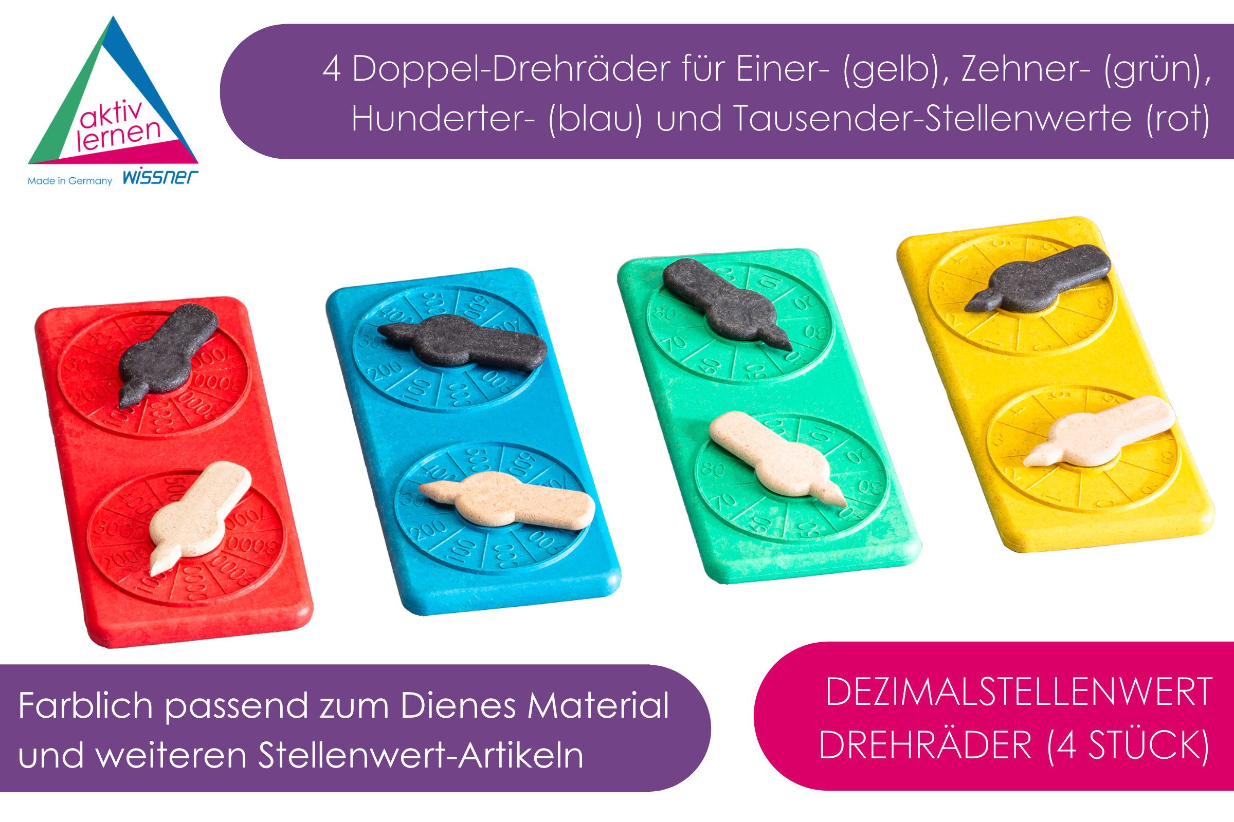 Wissner® aktiv lernen Lernspielzeug Dezimalstellenwert-Drehräder (4 Stück), RE-Wood