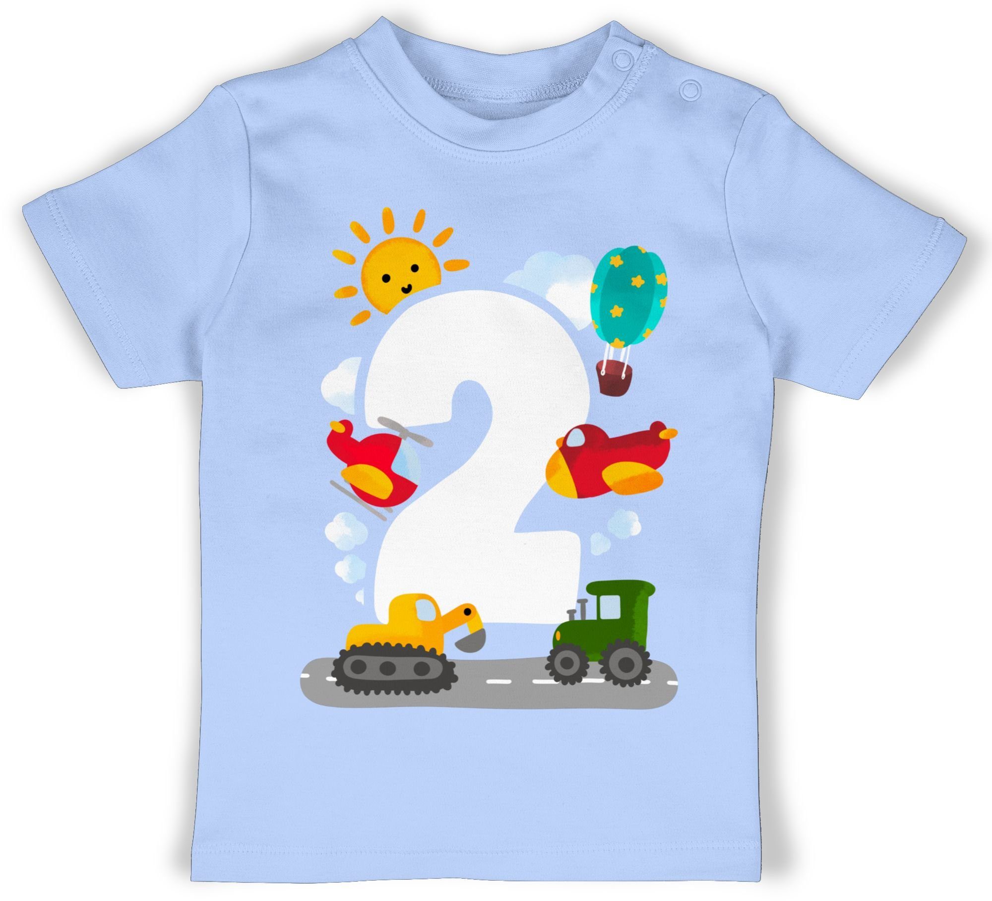 Shirtracer T-Shirt Zwei - Aquarell Fahrzeuge 2. Geburtstag 3 Babyblau